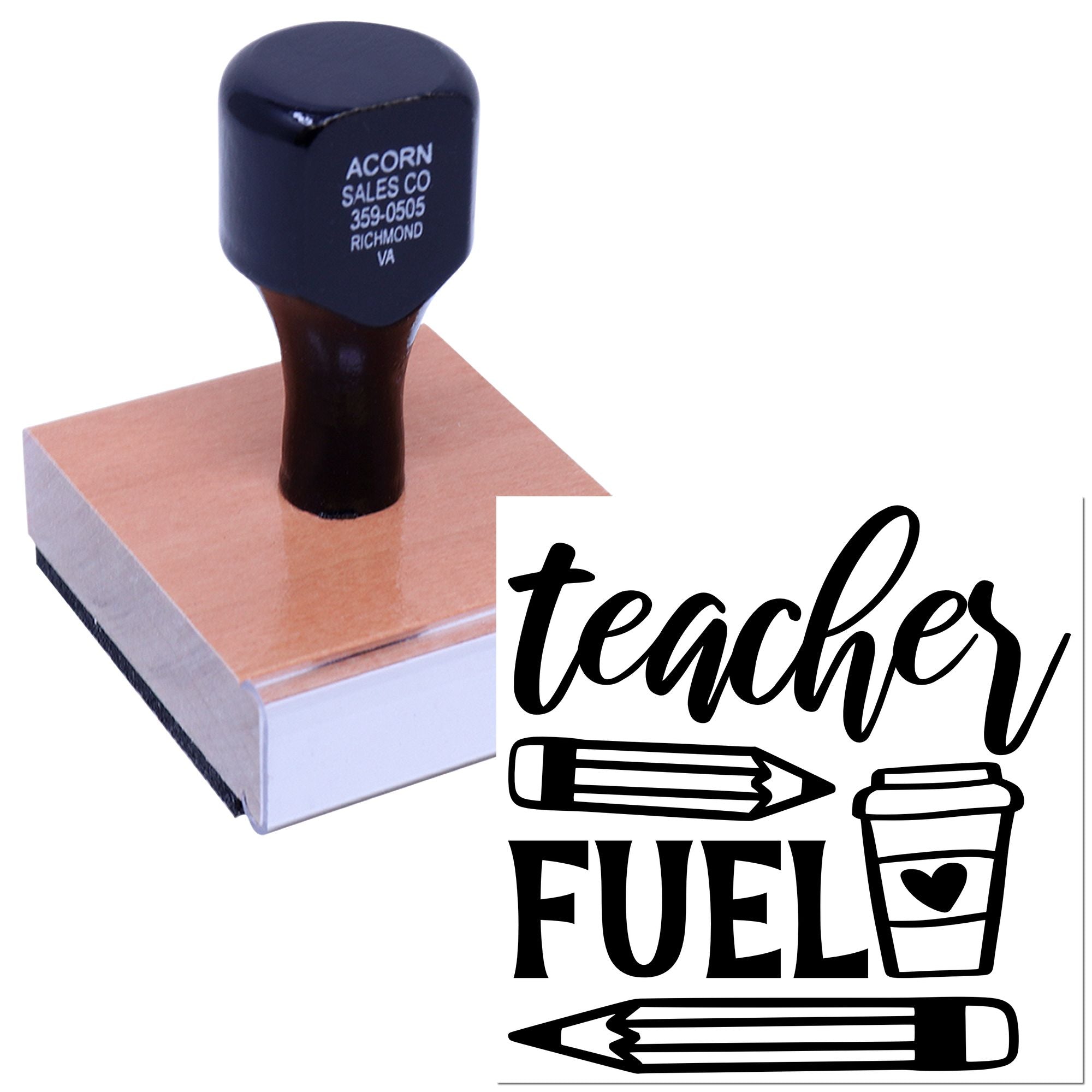 Teacher Fuel rubber stamp design with pencil and coffee cup, ideal for classroom labels, teacher gifts, and craft projects.