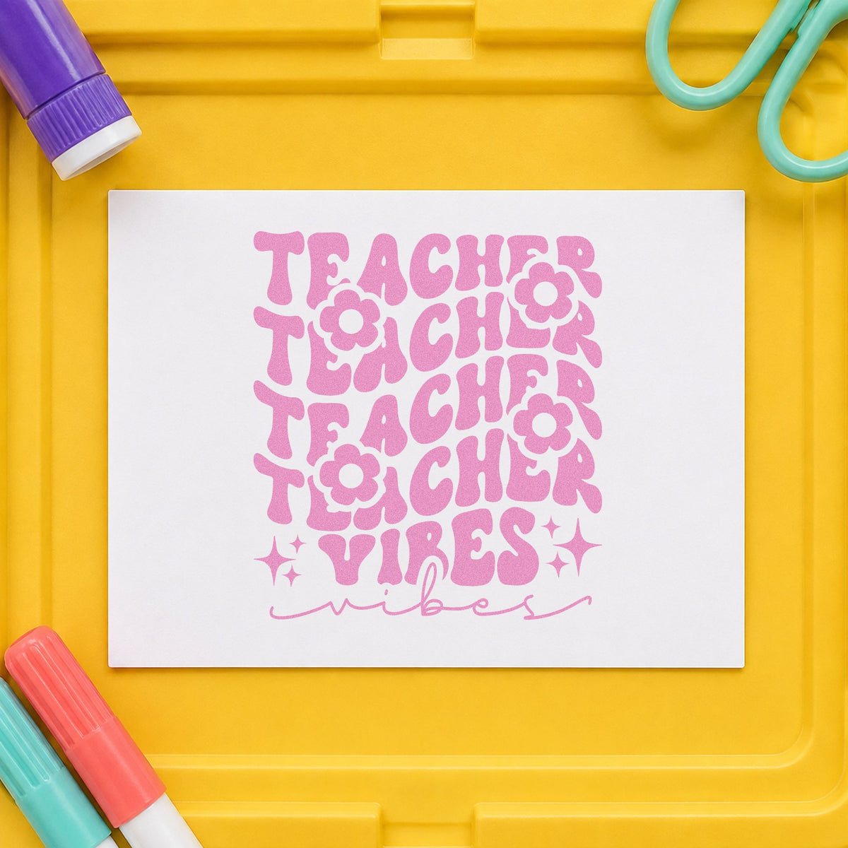 Teacher Vibes Repeated Flowers craft stamp in purple ink on cardstock, an easy option for flower swap tags.