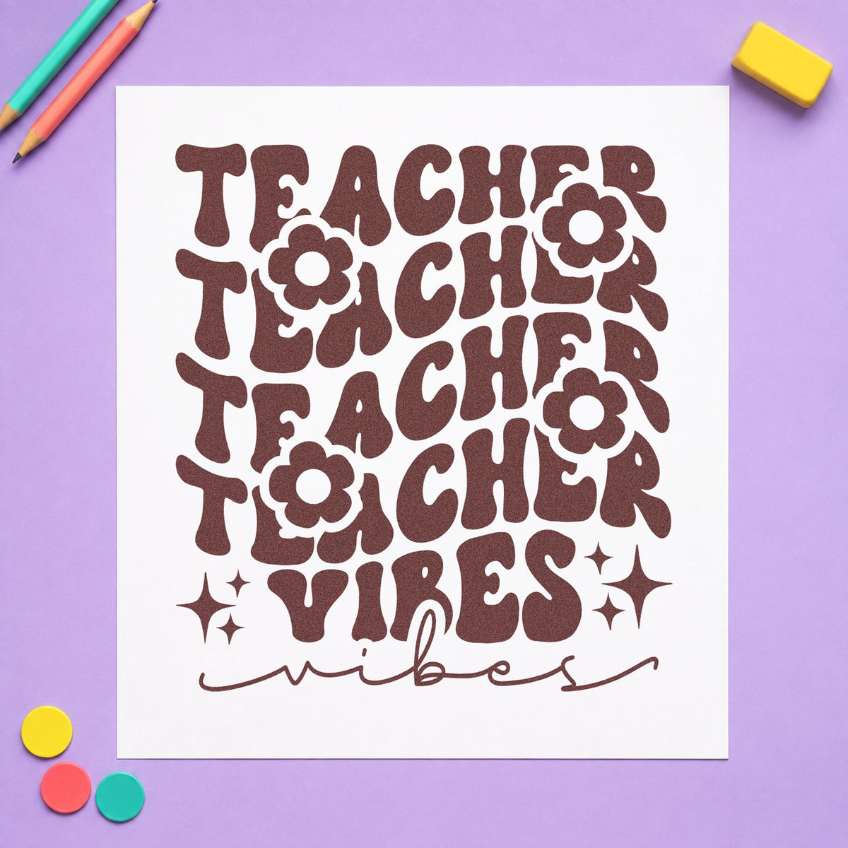 Teacher Vibes Repeated Flowers rubber stamp printed in brown ink, ready for vase base labels and similar paper crafts.