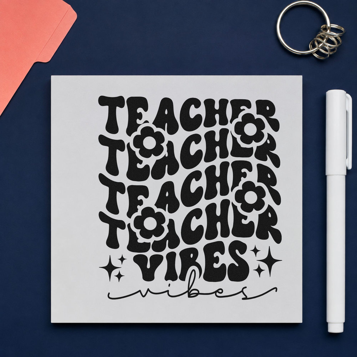 Teacher Vibes Repeated Flowers rubber stamp printed in black ink, ready for flowers vibes cards and similar paper crafts.