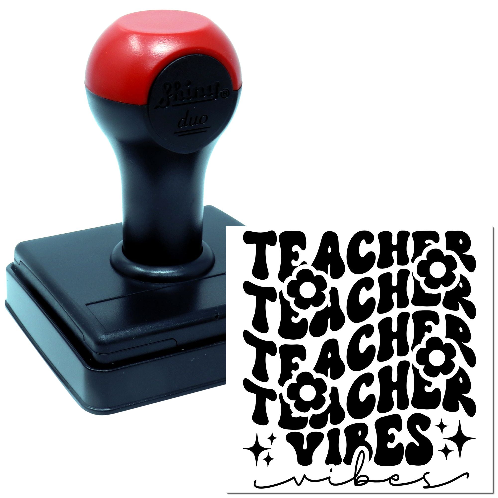 Self-inking Teacher Vibes rubber stamp with bold retro lettering and flower accents for classroom crafts.