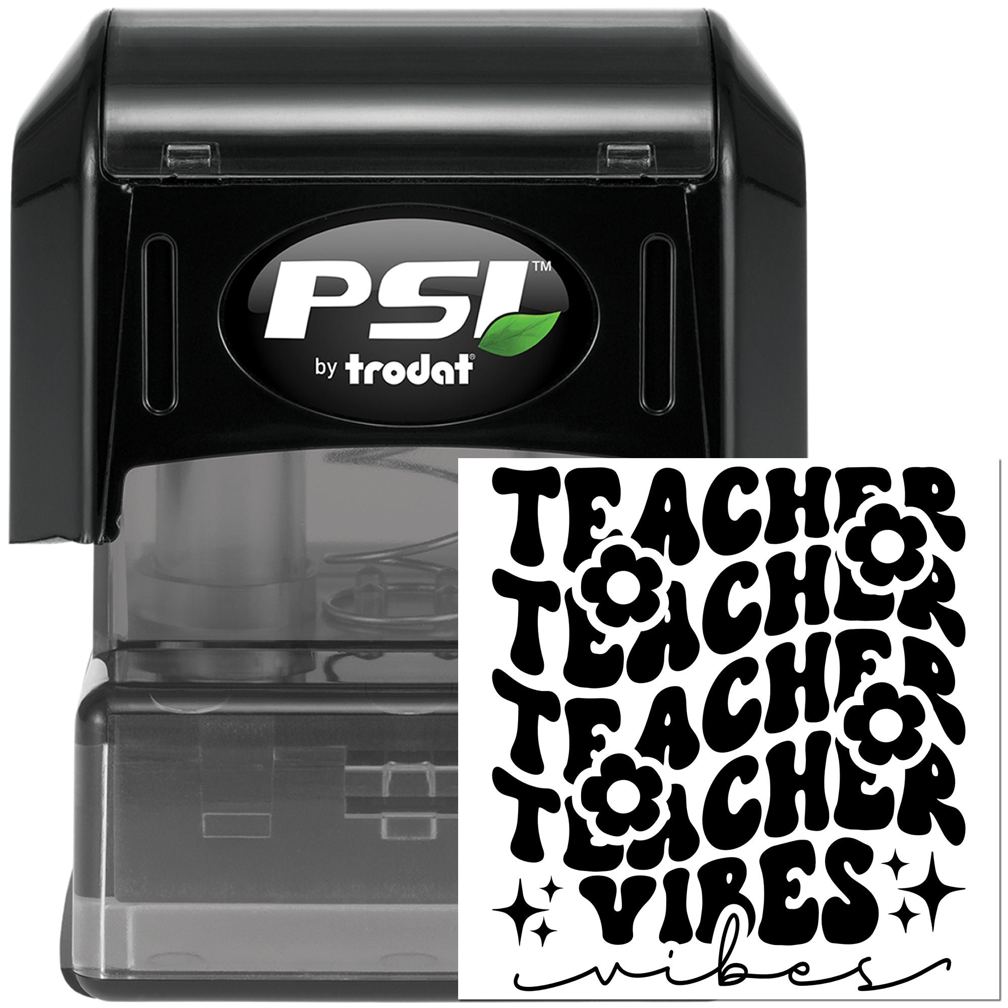 Teacher vibes rubber stamp with PSI by Trodat self-inking stamp, ideal for classroom crafts and teacher appreciation.