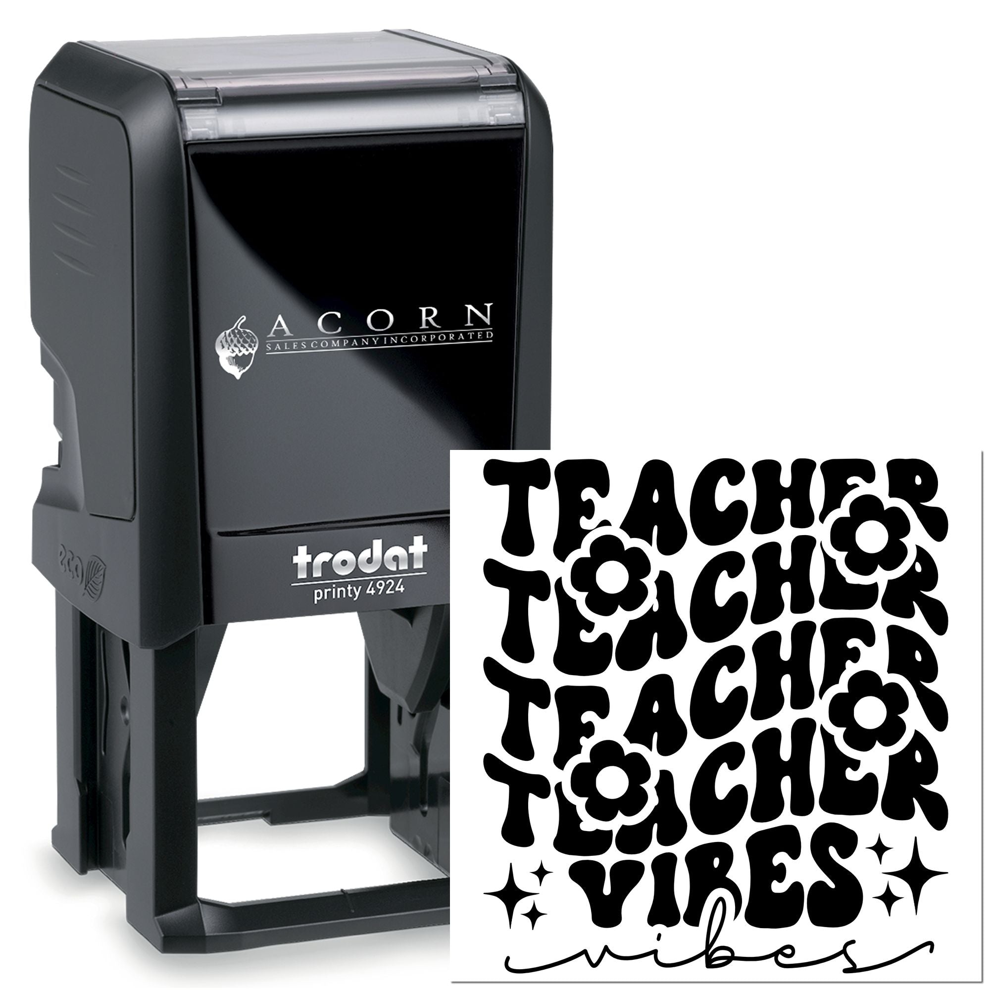 Self-inking teacher vibes rubber stamp, Trodat Printy 4924, ideal for classroom grading, custom crafts, and fun reviews.