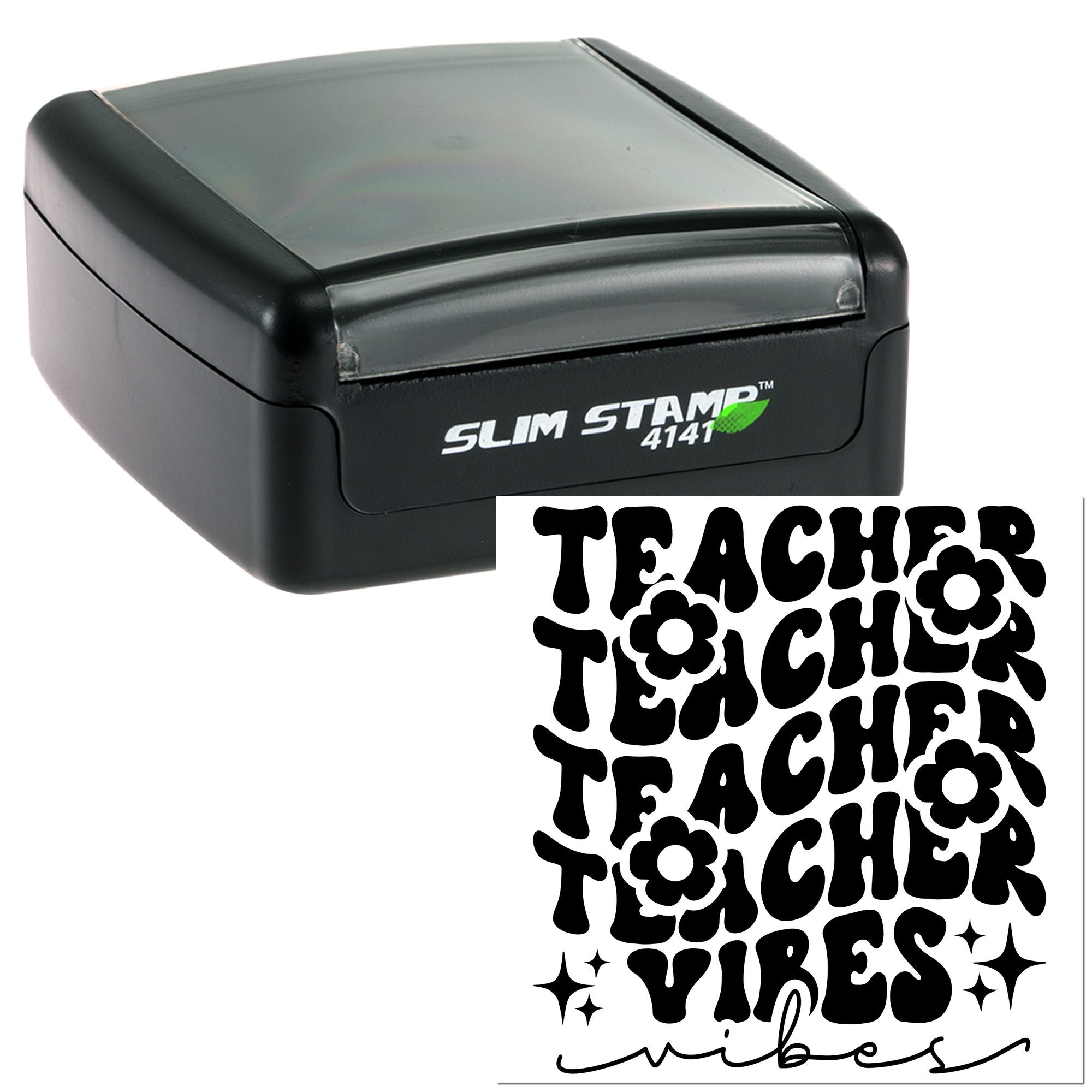 Self-inking teacher rubber stamp with Teacher vibes impression, retro flower design for classroom use.