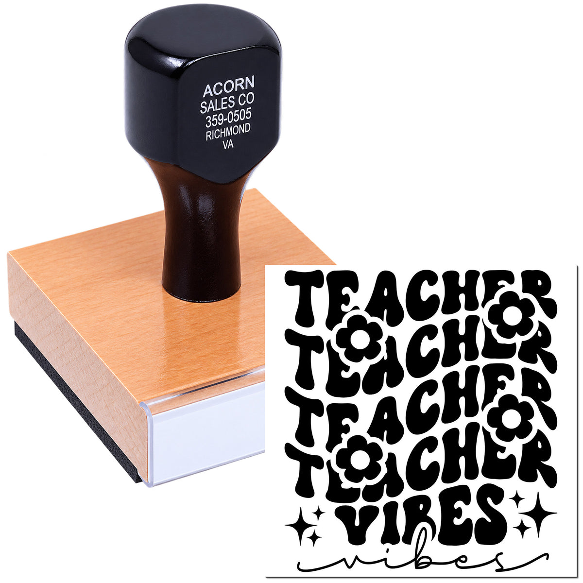 Teacher Vibes custom rubber stamp design for classrooms, featuring retro lettering, flowers, stars and script accent.