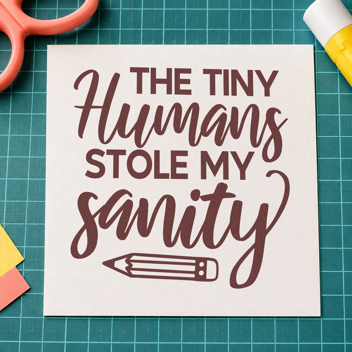 Tiny Humans Stole Sanity rubber stamp printed in brown ink, ready for prize chest labels and similar paper crafts.