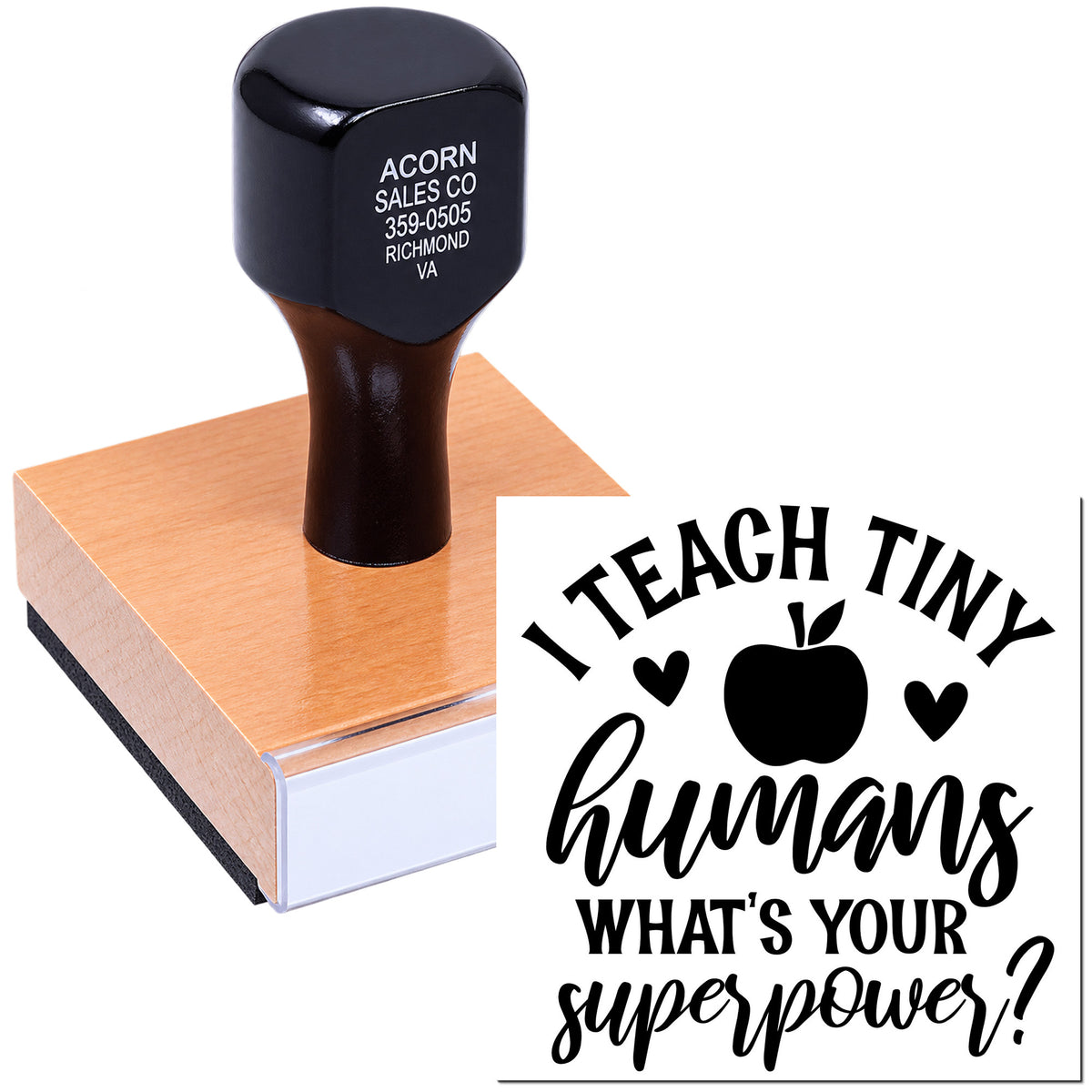 Teacher rubber stamp with I teach tiny humans, whats your superpower? apple and hearts design
