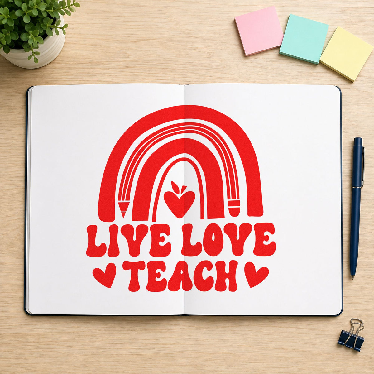 Live Love Teach Rainbow rubber stamp shown in red ink, stamped for projects such as art week notes.