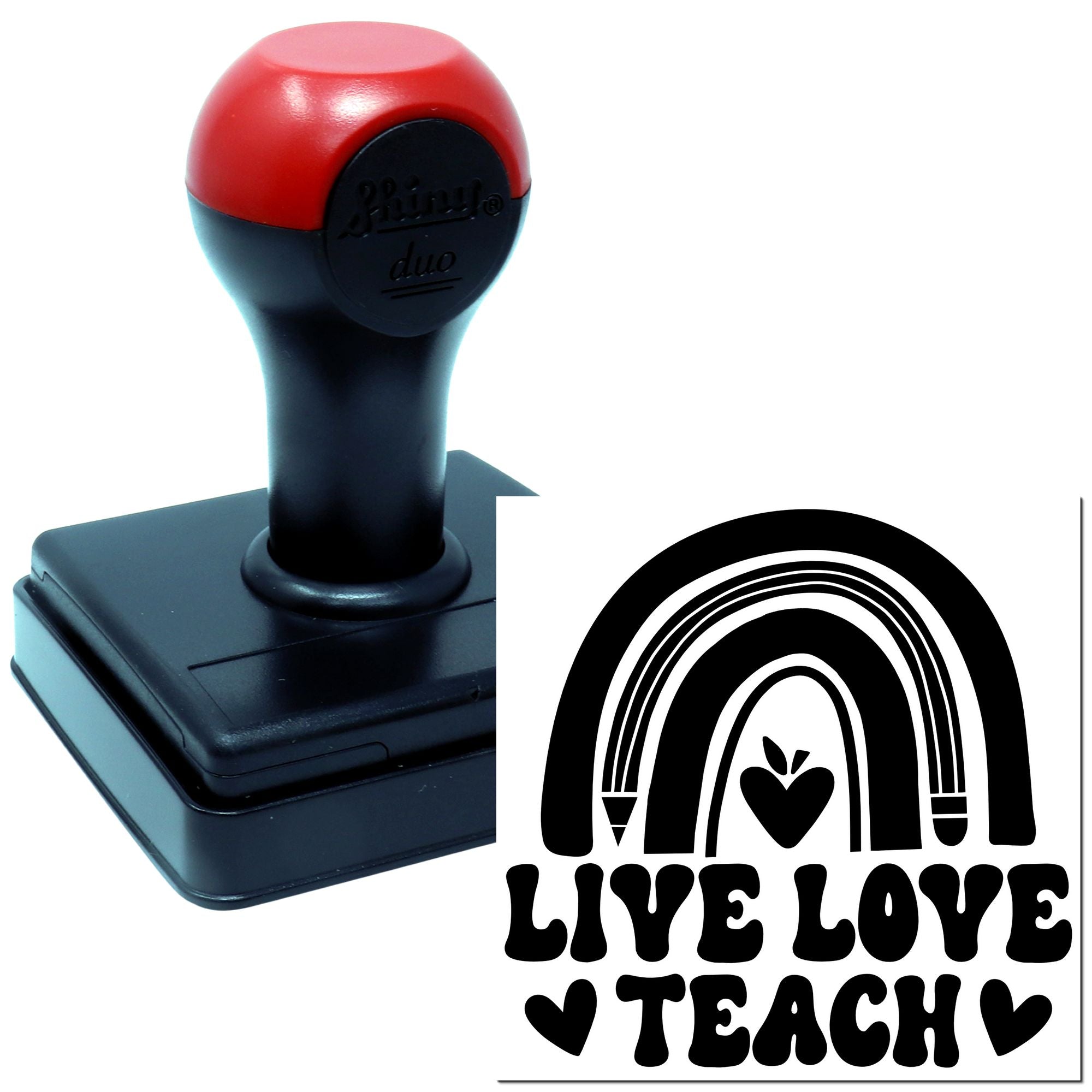 Custom self-inking rubber stamp with Live Love Teach rainbow design for teachers and classroom crafts