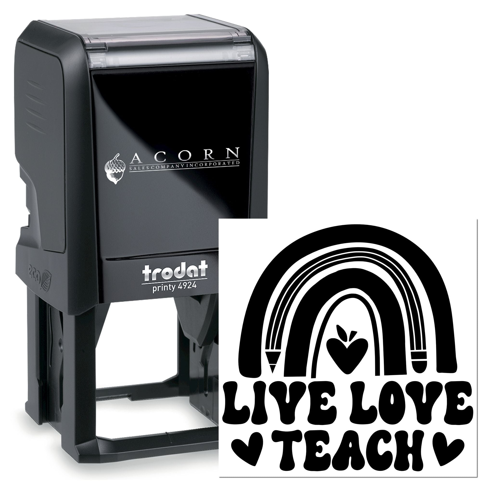 Custom Trodat self-inking rubber stamp with Live Love Teach rainbow heart design for teachers.