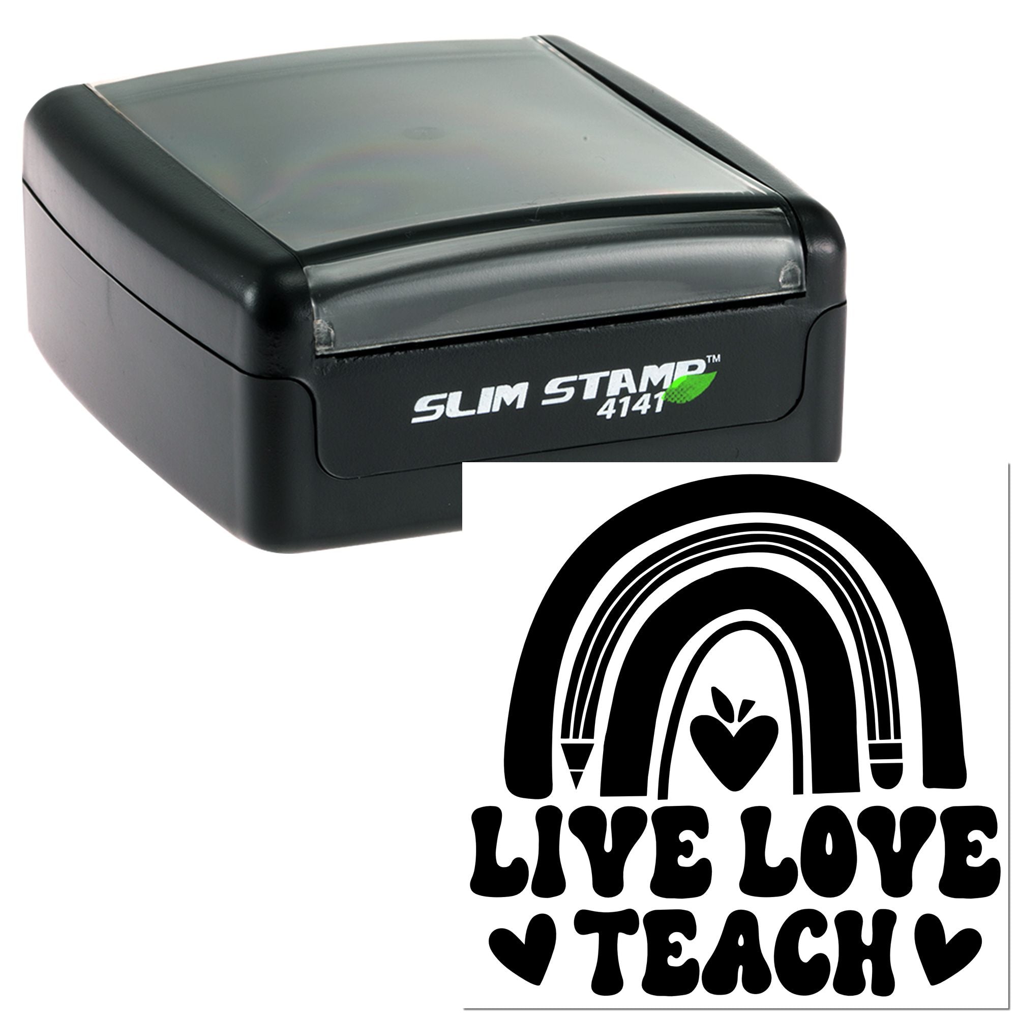Slim Stamp 4141 self-inking rubber stamp with Live Love Teach rainbow and apple design for teachers and classrooms.