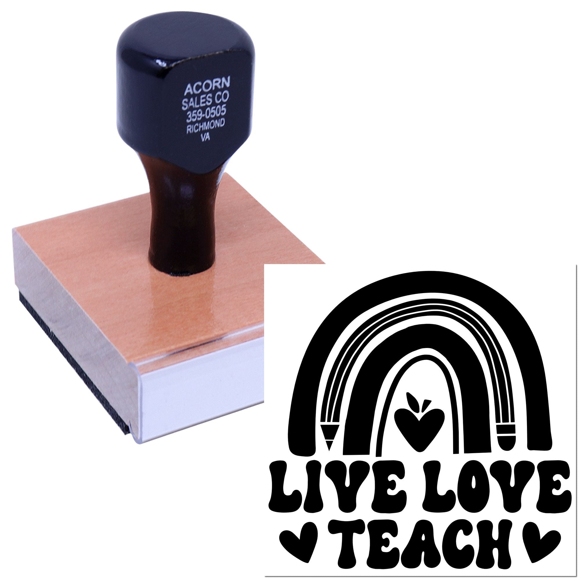 Custom teacher rubber stamp with Live Love Teach rainbow heart logo for classroom crafts and branding.