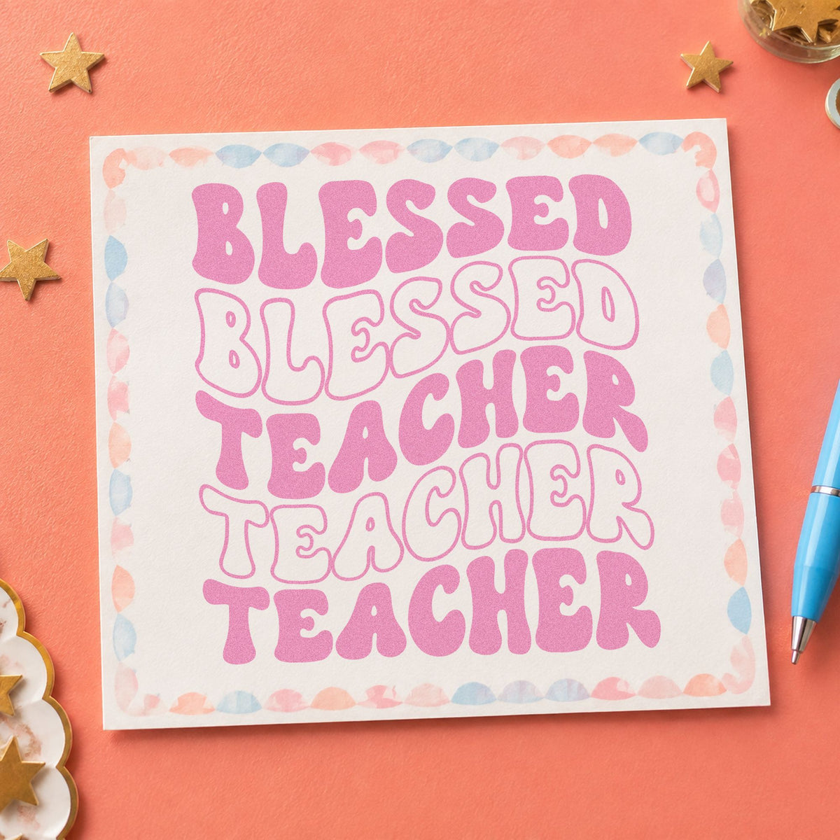 Blessed Teacher Repeated Rows craft stamp in purple ink on cardstock, an easy option for chapel rota tags.