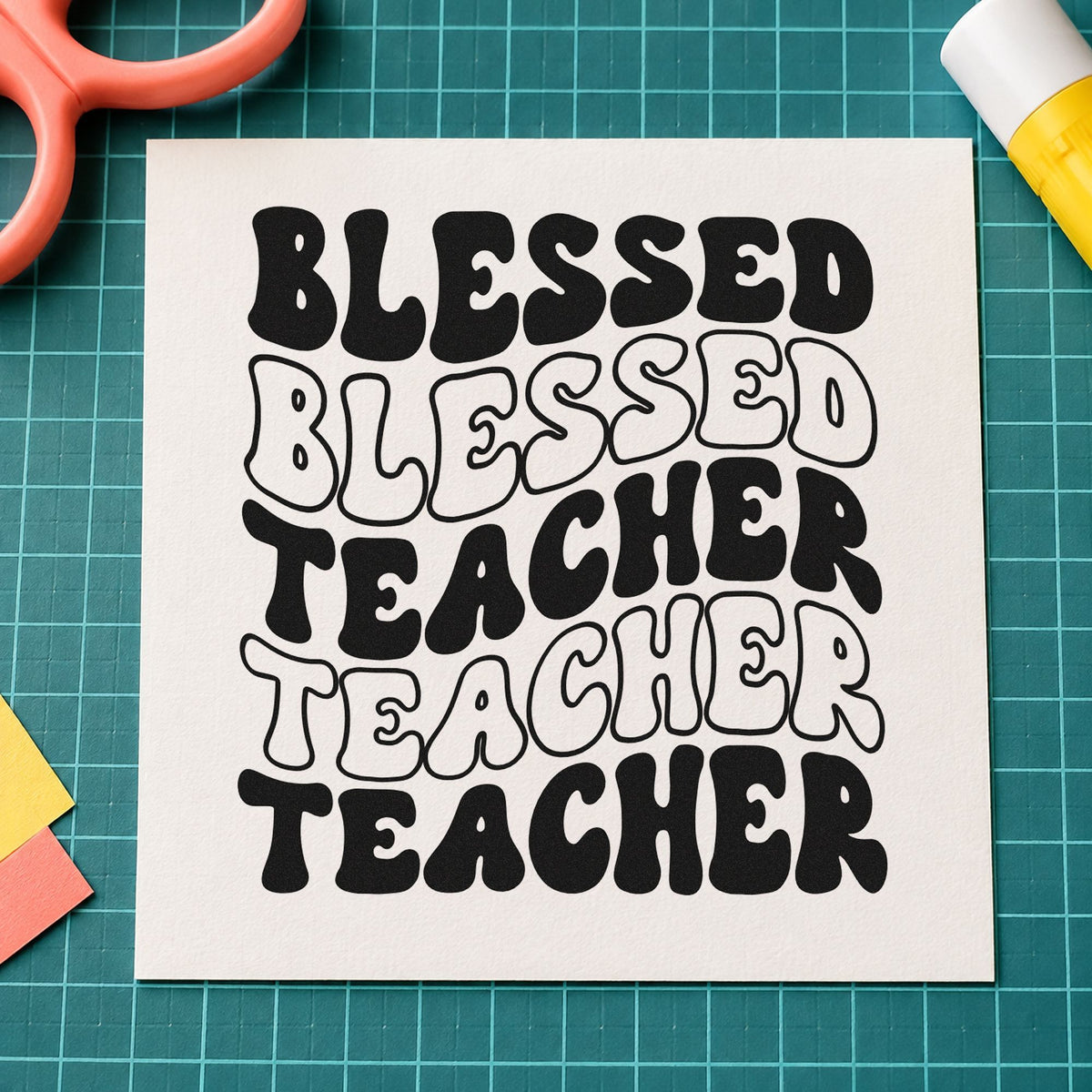 Blessed Teacher Repeated Rows rubber stamp printed in black ink, ready for alternating rows cards and similar paper crafts.