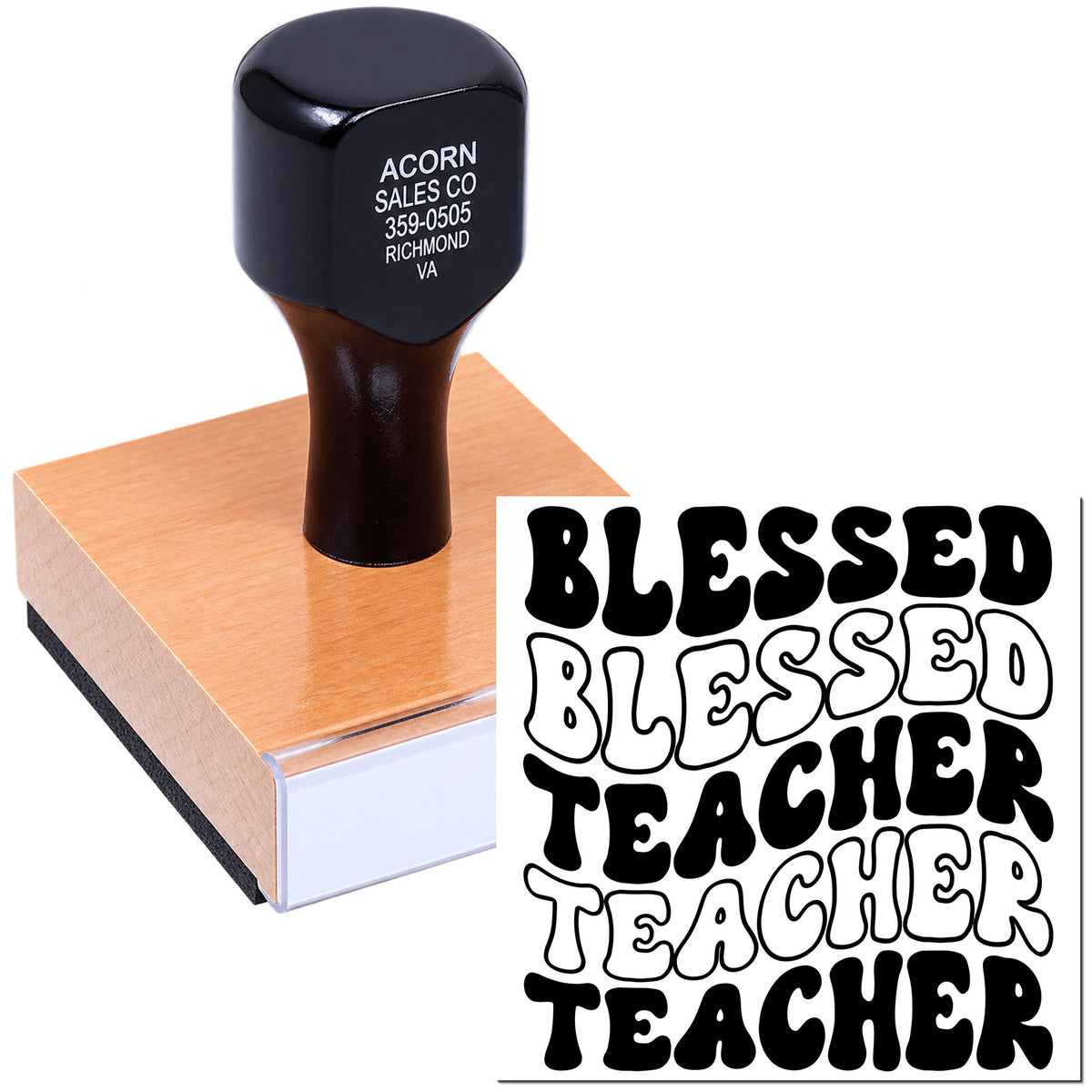 Custom Blessed Teacher rubber stamp on a wooden block for classroom labels, gifts, and teacher appreciation.