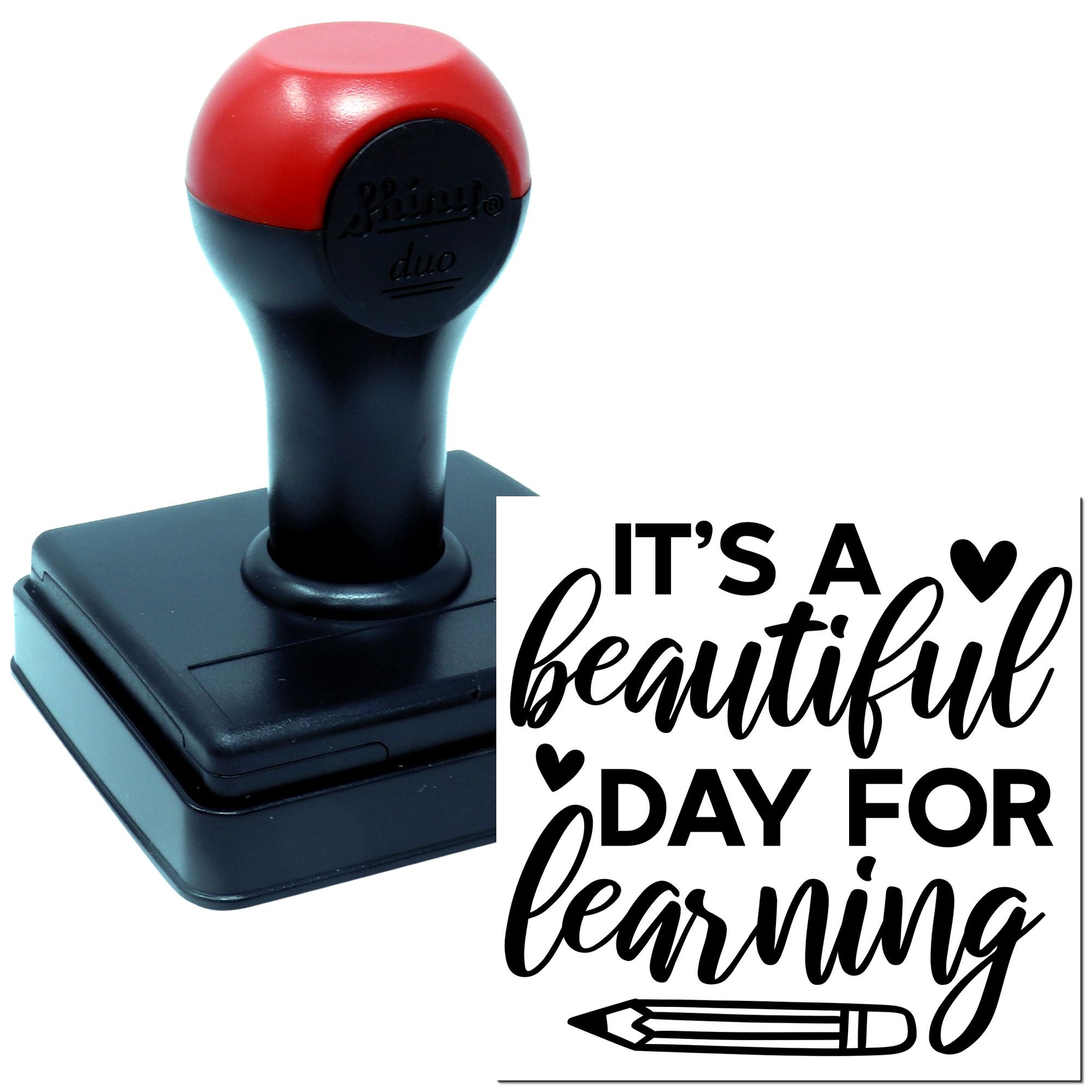 Self-inking rubber stamp with Its a beautiful day for learning message, ideal for teachers, classroom rewards, and crafts.