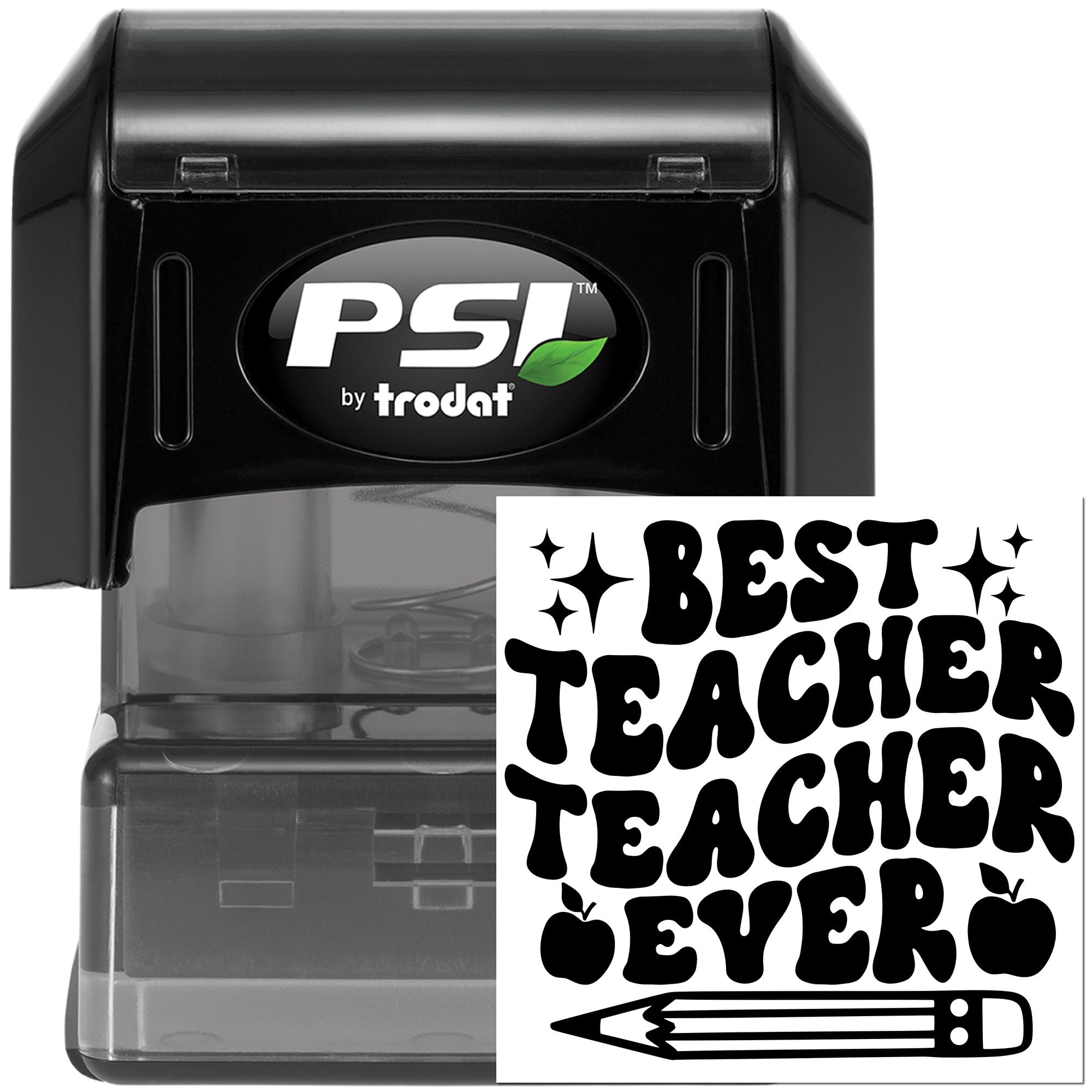 PSI by Trodat self-inking rubber stamp with Best Teacher Ever design, stars, apples, and pencil for teacher appreciation gifts