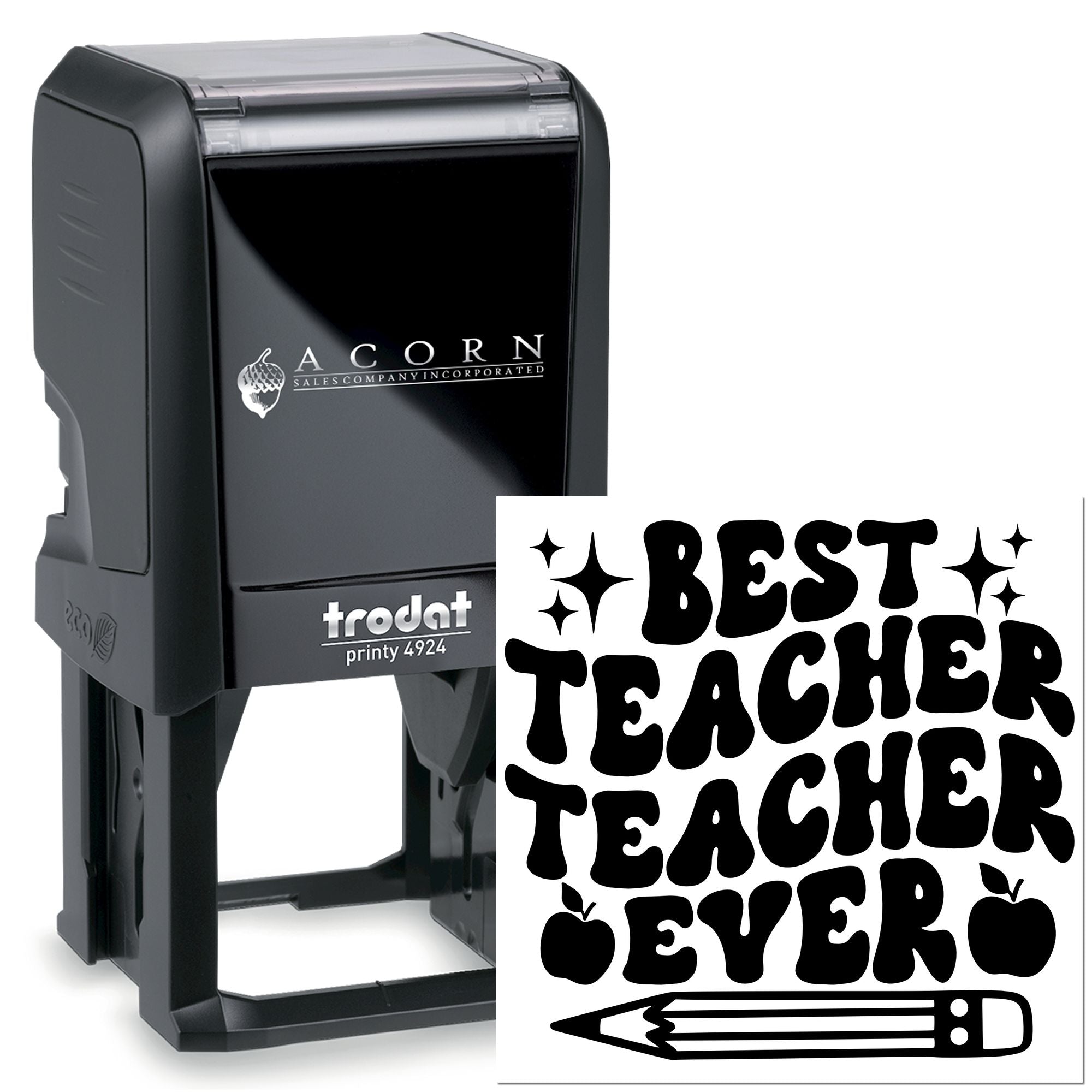 Self-inking Trodat rubber stamp with Best Teacher Ever design, perfect for teacher appreciation and classroom rewards.