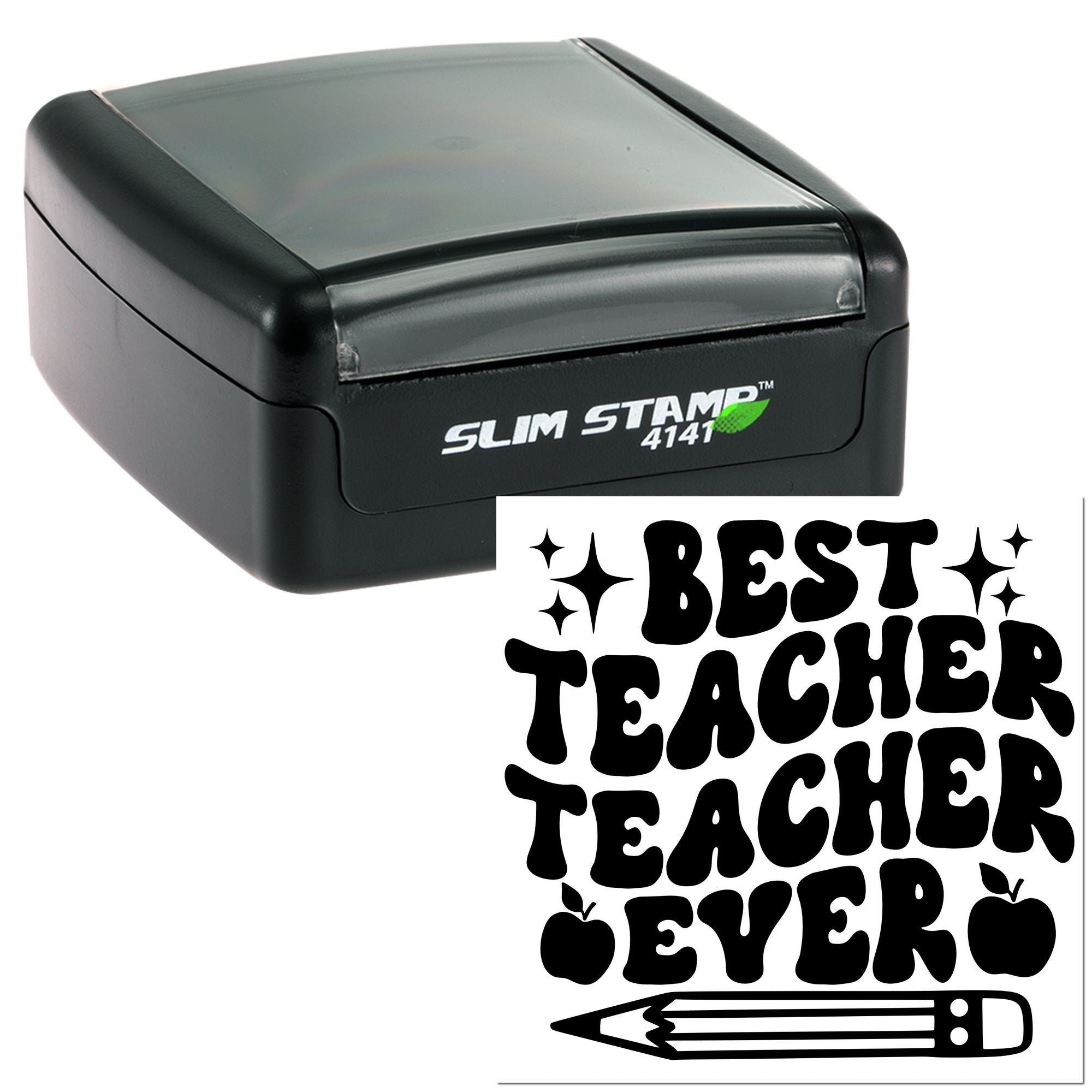 Self-inking Slim Stamp 4141 rubber stamp with Best Teacher Ever design for classroom use and teacher gifts.