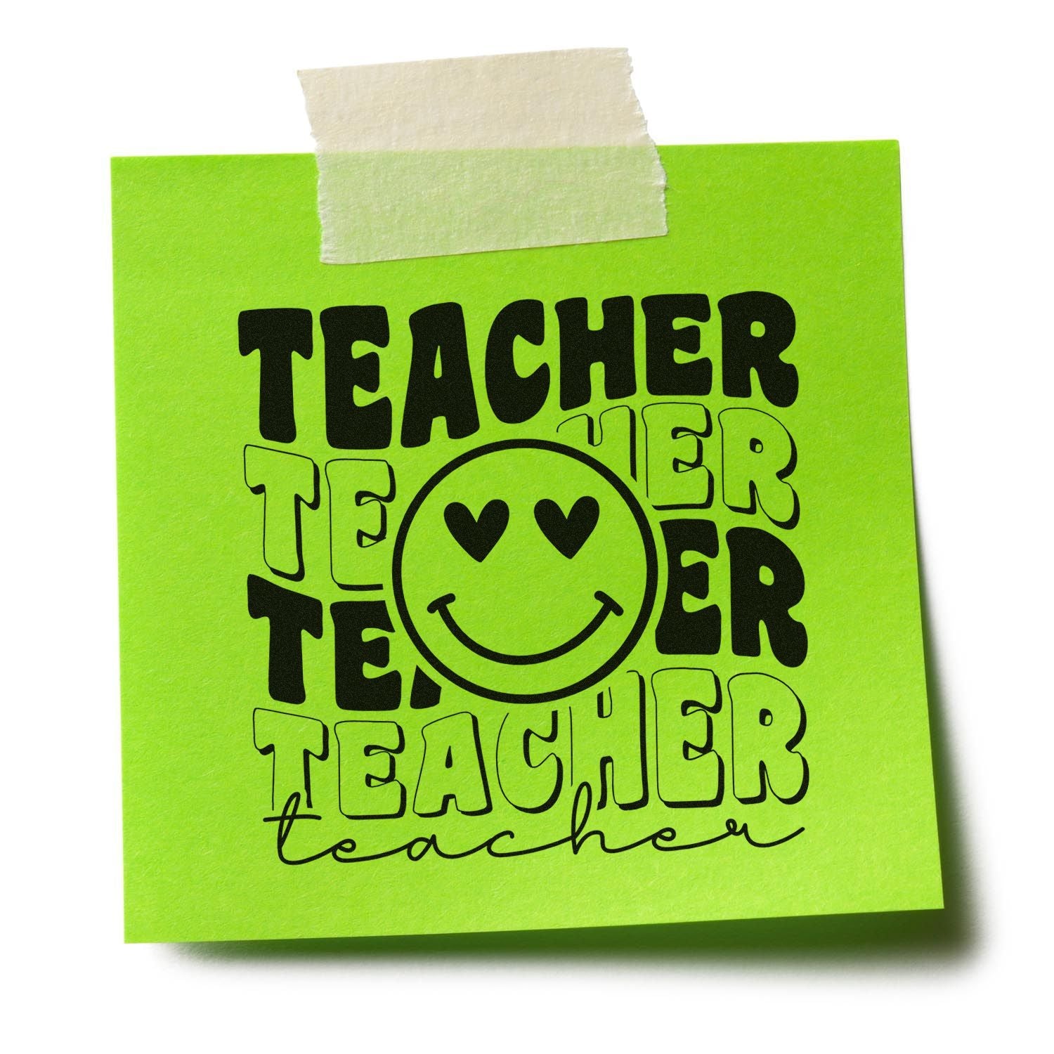 Teacher appreciation rubber stamp impression with smiley face on neon green note, ideal for classroom gifts and crafts.