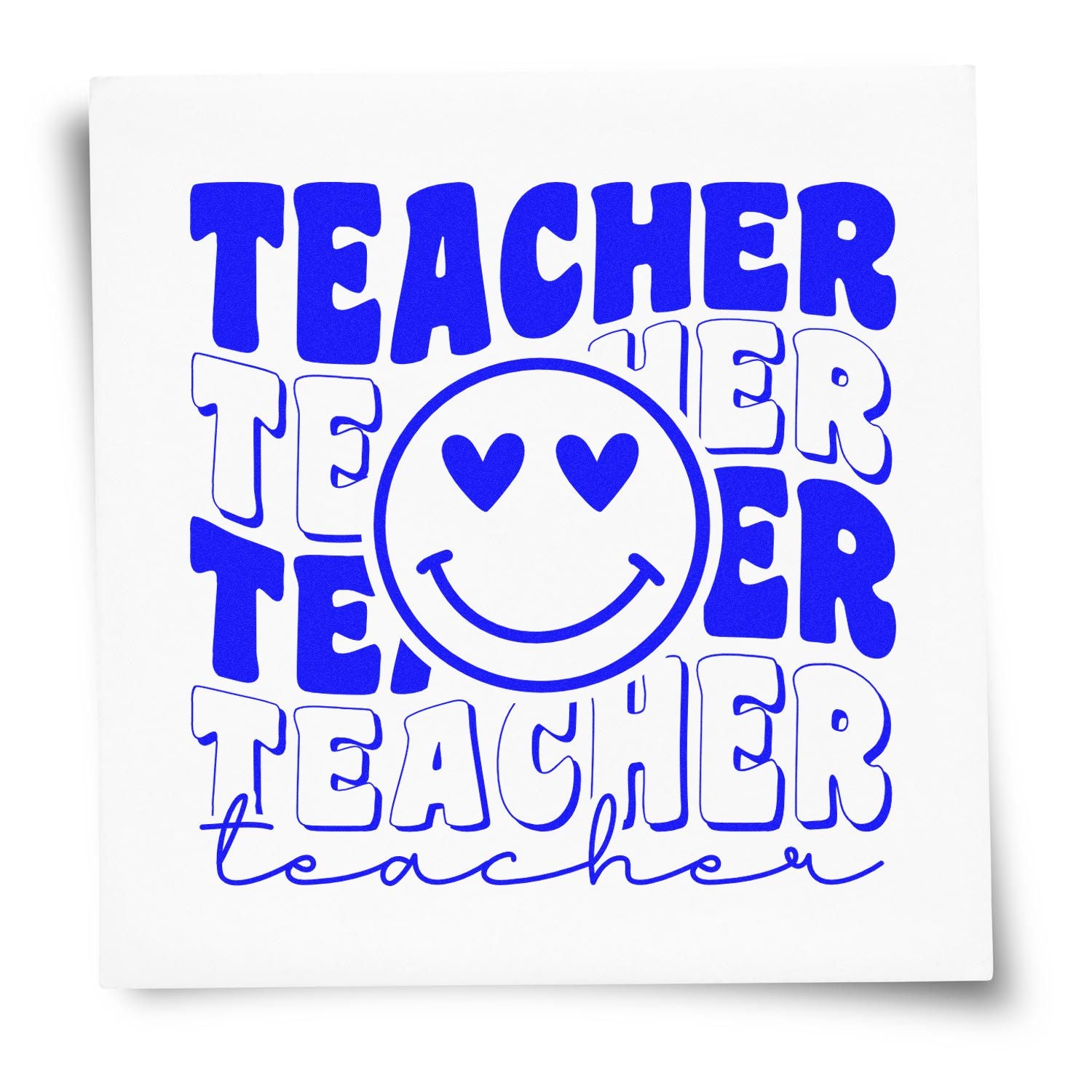 Teacher appreciation rubber stamp design with bold blue text and heart-eyes smiley face for classroom gifts.