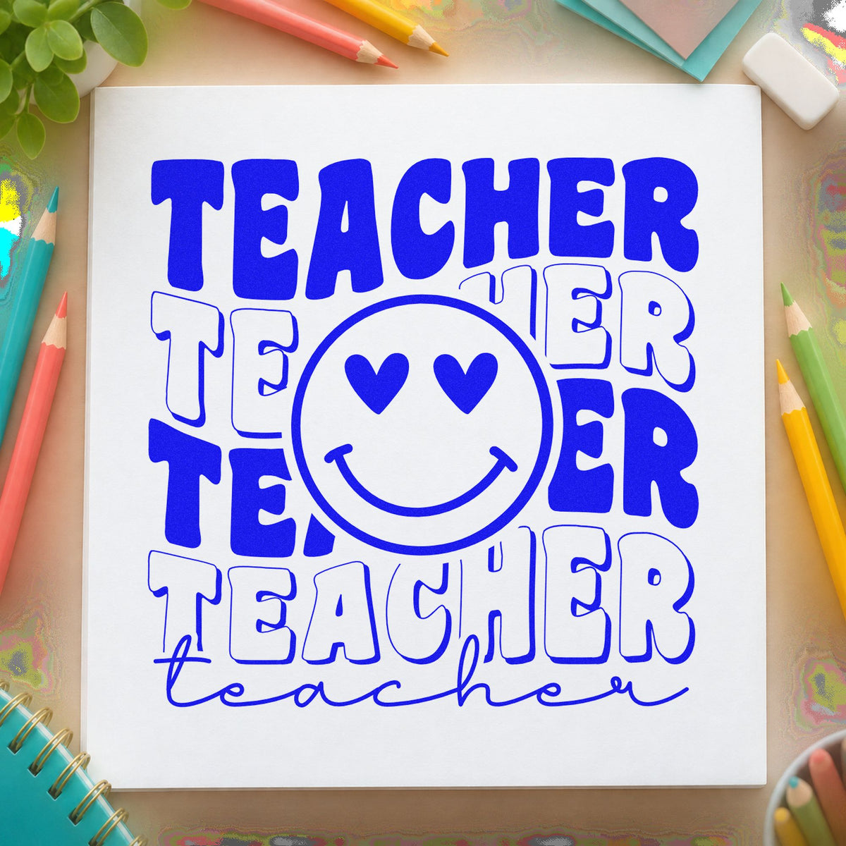 Teacher Repeated Heart Eyed Smile craft stamp in blue ink on cardstock, an easy option for round cushion panels.