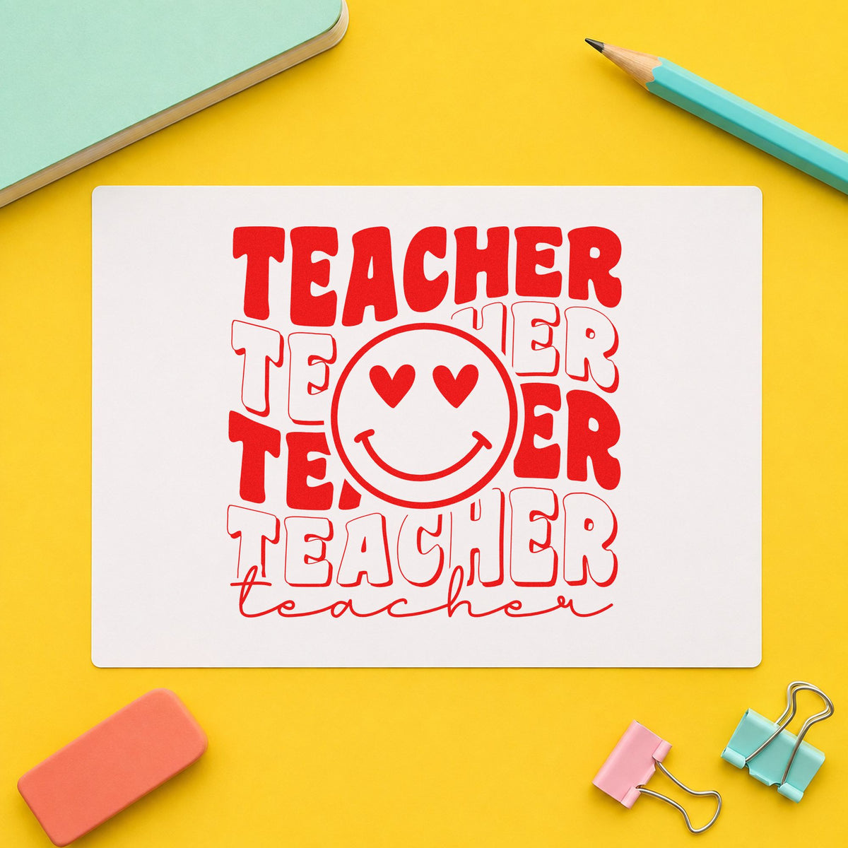 Teacher Repeated Heart Eyed Smile rubber stamp shown in red ink, stamped for projects such as wellbeing week notes.