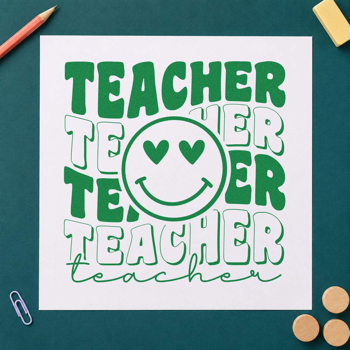 Teacher Repeated Heart Eyed Smile craft stamp imprint in green ink on a handmade project, one idea being framed circle spot.