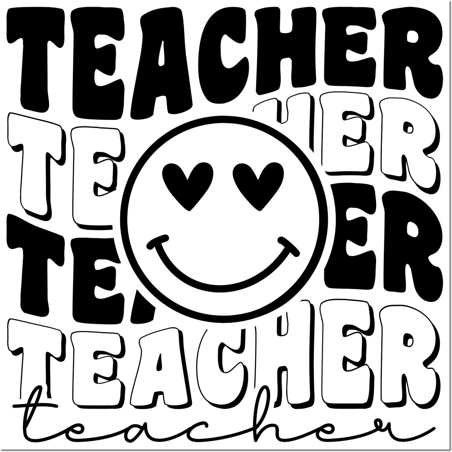 Teacher rubber stamp design with smiling heart-eyes face and bold typography, perfect for teacher appreciation crafts.