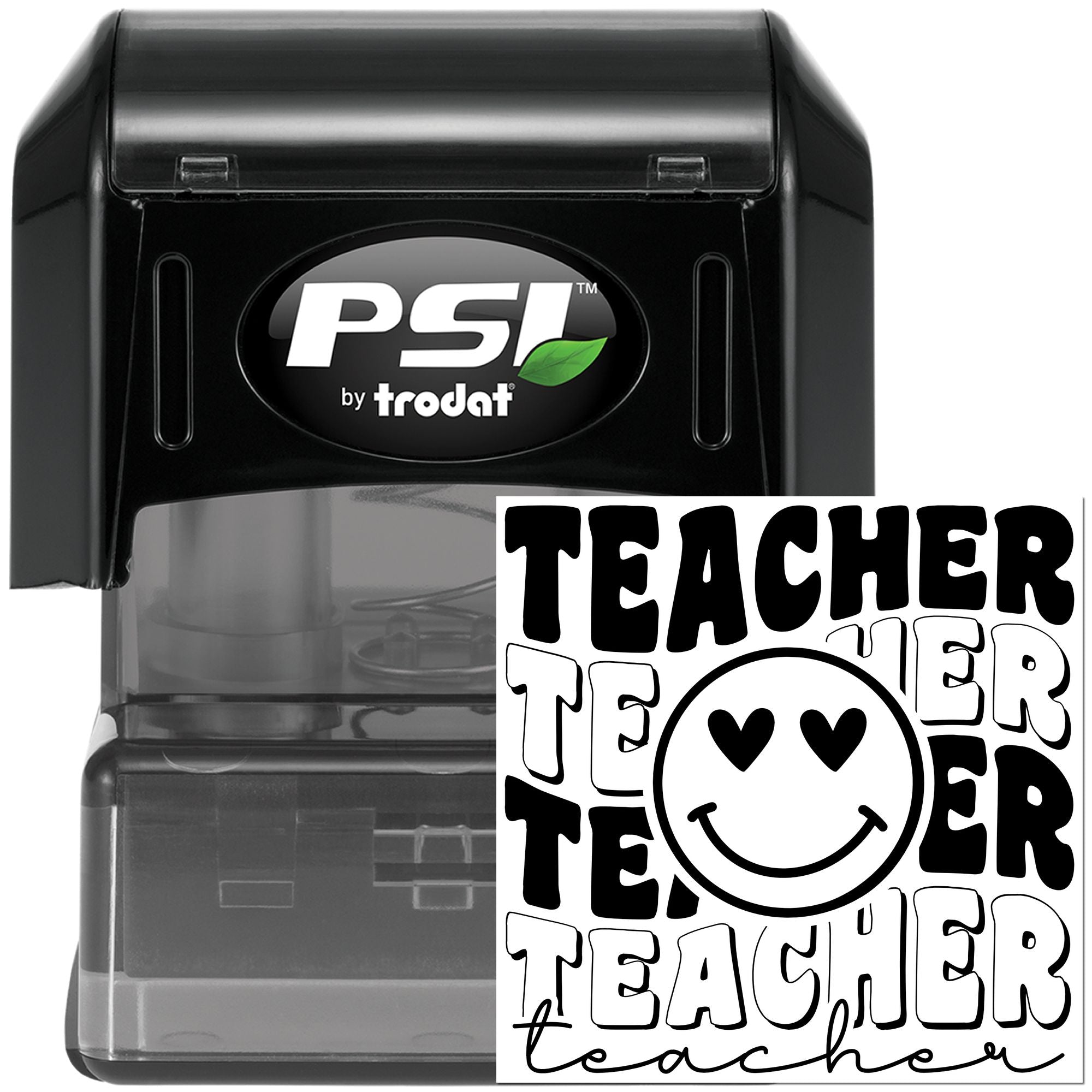 PSI by Trodat self-inking teacher rubber stamp with smiley-face design for classroom grading, labels, and educator crafts.