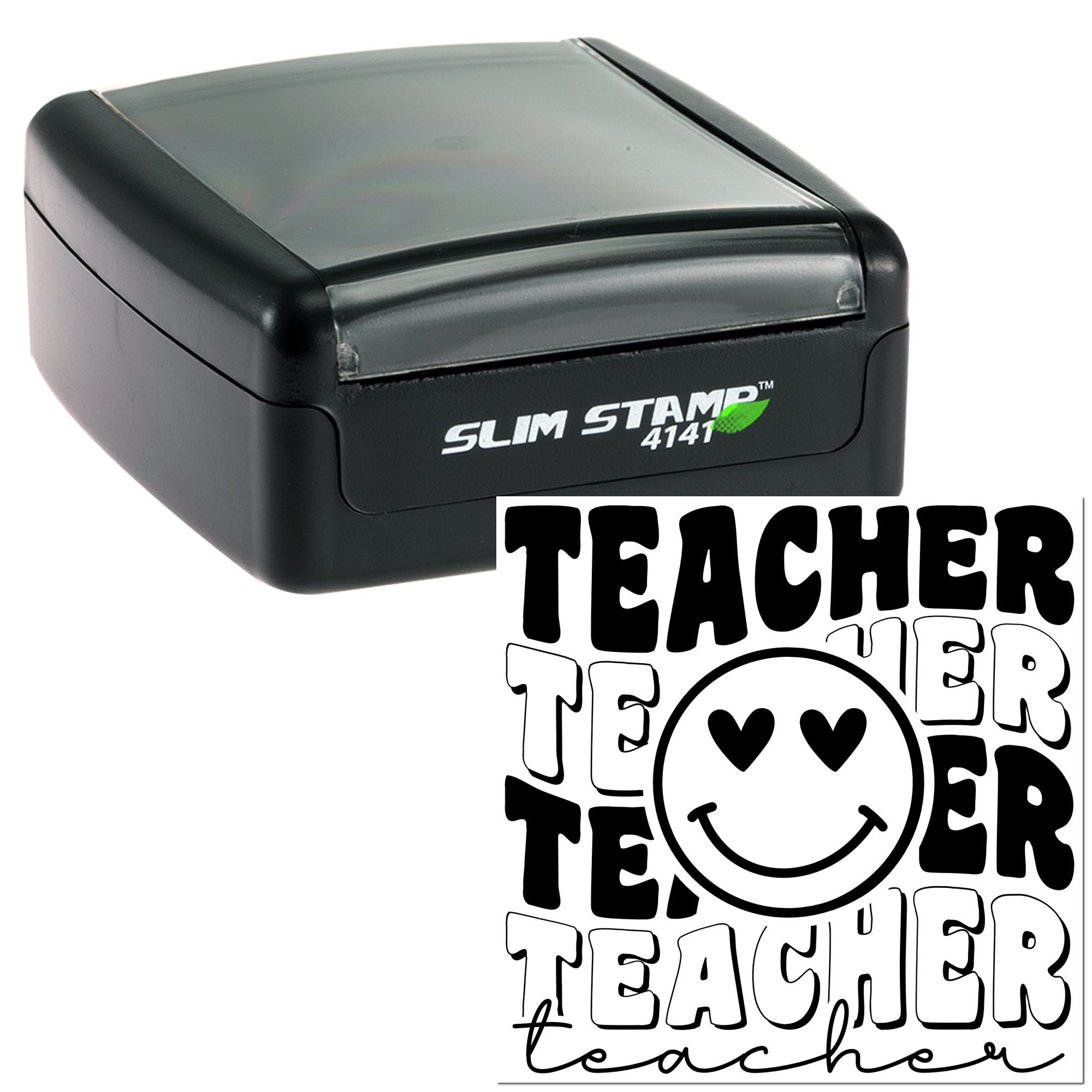 Self-inking teacher rubber stamp with custom Teacher design for grading papers, classroom use, and school paperwork.