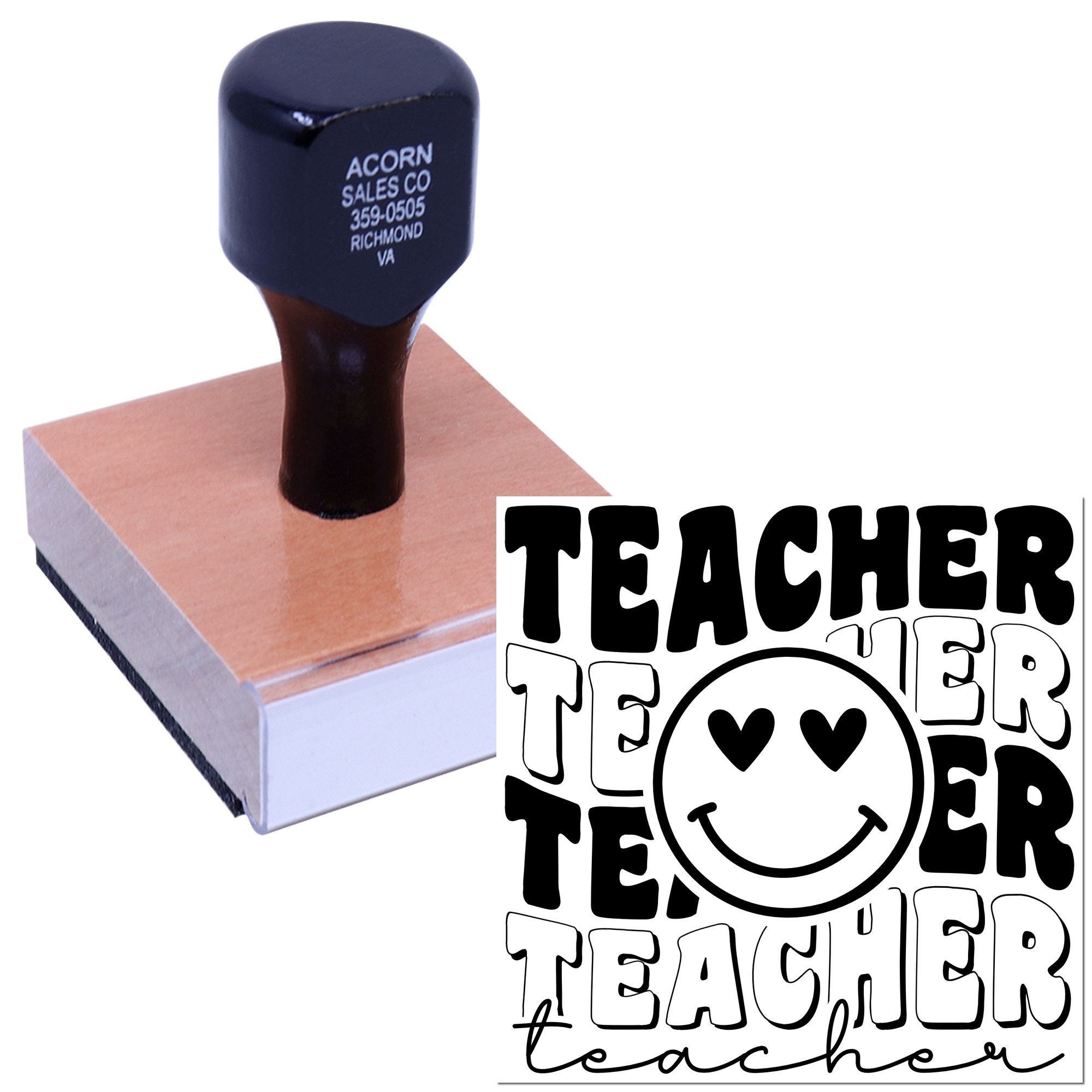 Custom teacher rubber stamp with smiley face design for grading papers, classroom use, and school approval marks.
