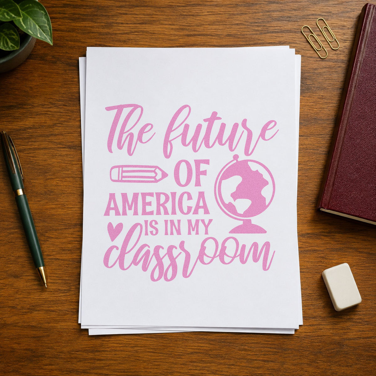 Future America In My Classroom craft stamp in purple ink on cardstock, an easy option for mock vote tags.