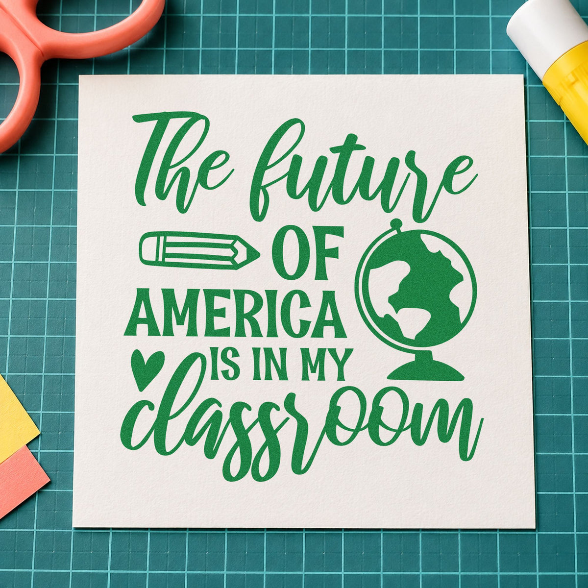 Future America In My Classroom craft stamp imprint in green ink on a handmade project, one idea being constitution pages.