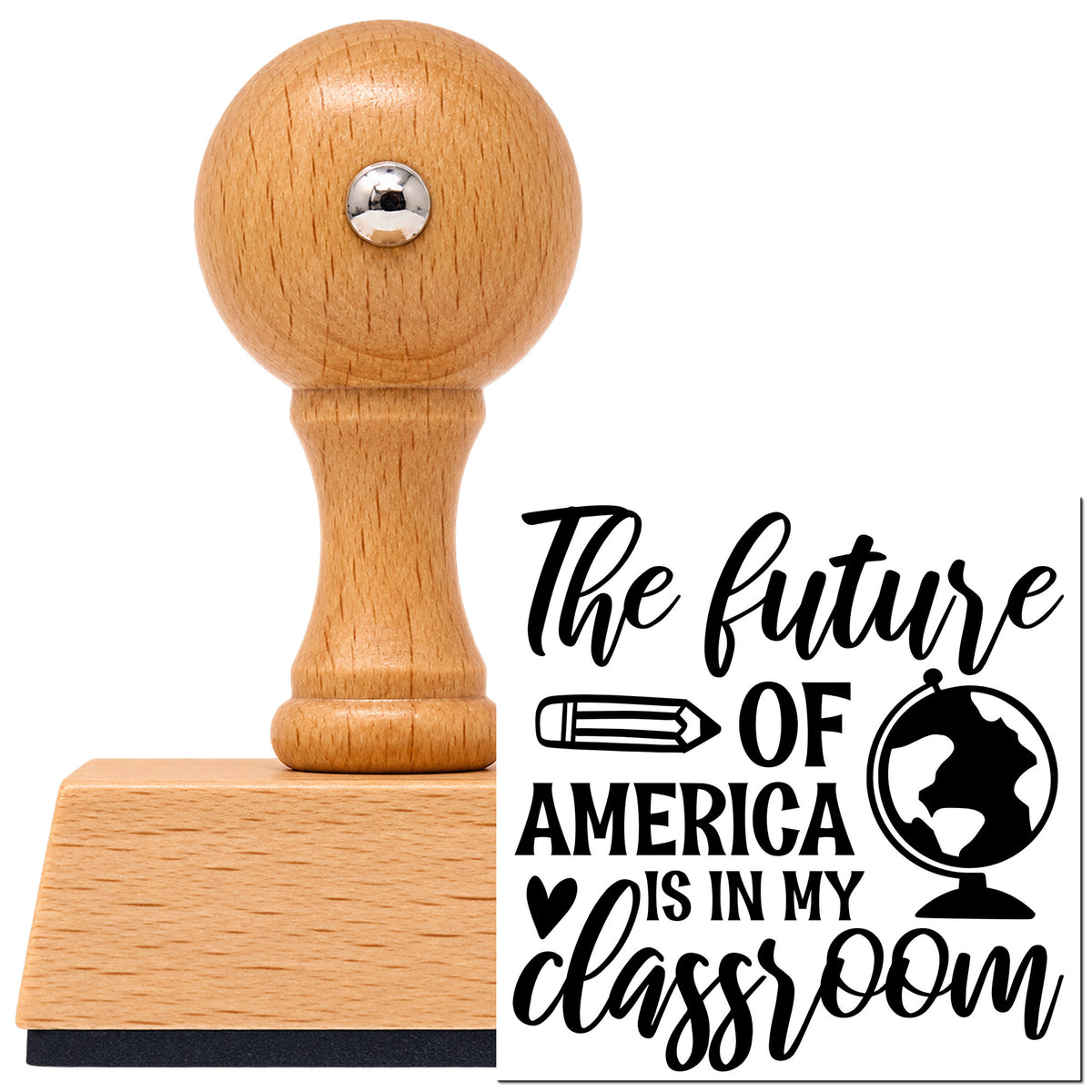 Future America In My Classroom Vintage Pro rubber stamp in European beech wood with a round knob handle, shown beside its black imprint.