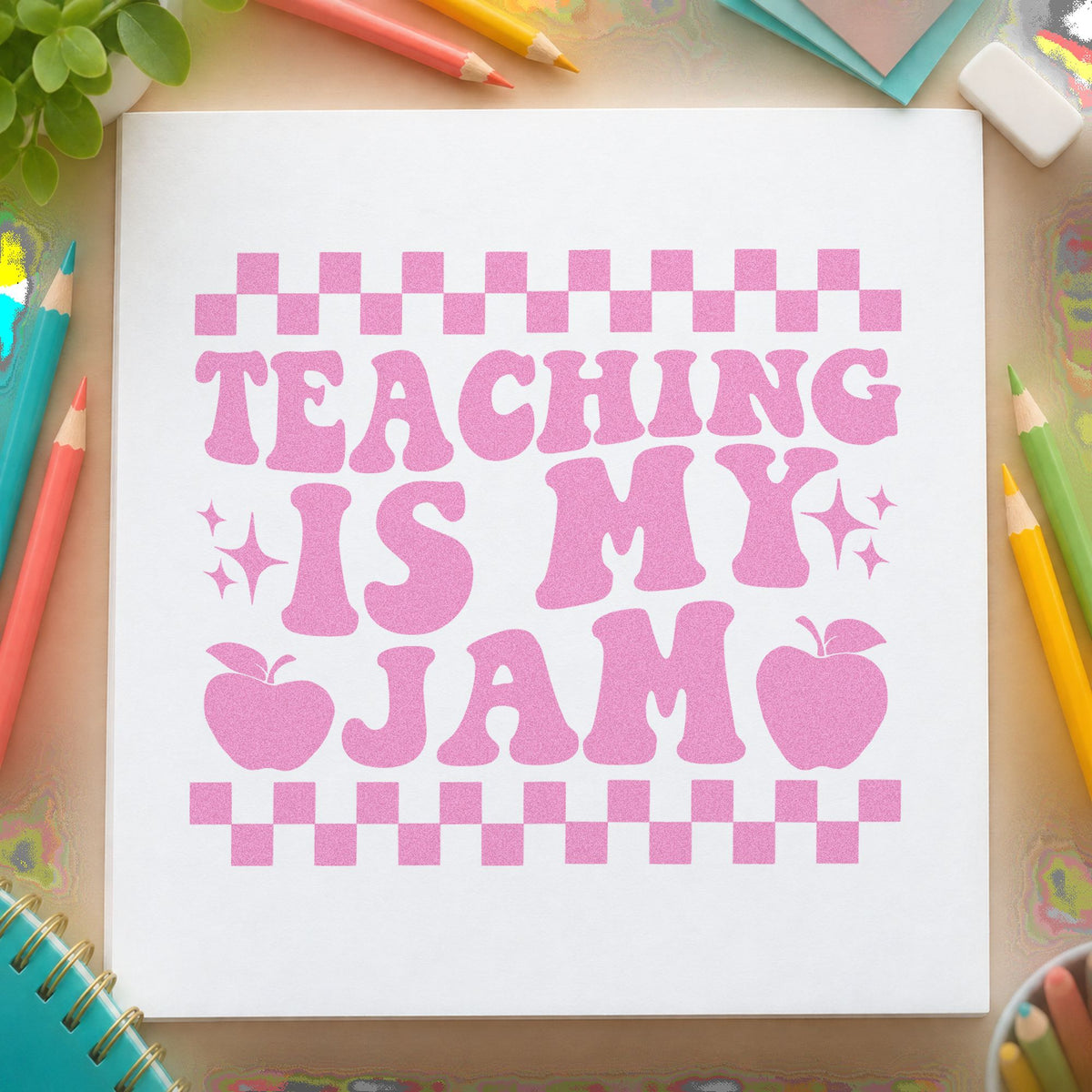 Teaching Is My Jam Checkerboard craft stamp in purple ink on cardstock, an easy option for milkshake bar tags.