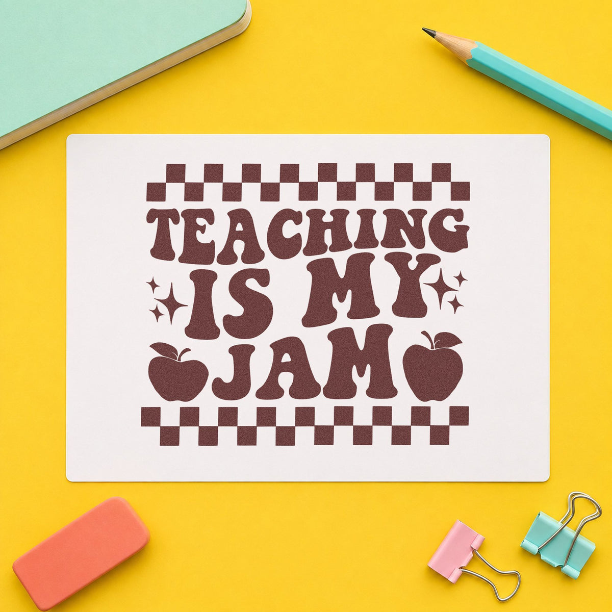 Teaching Is My Jam Checkerboard rubber stamp printed in brown ink, ready for sundae cup labels and similar paper crafts.
