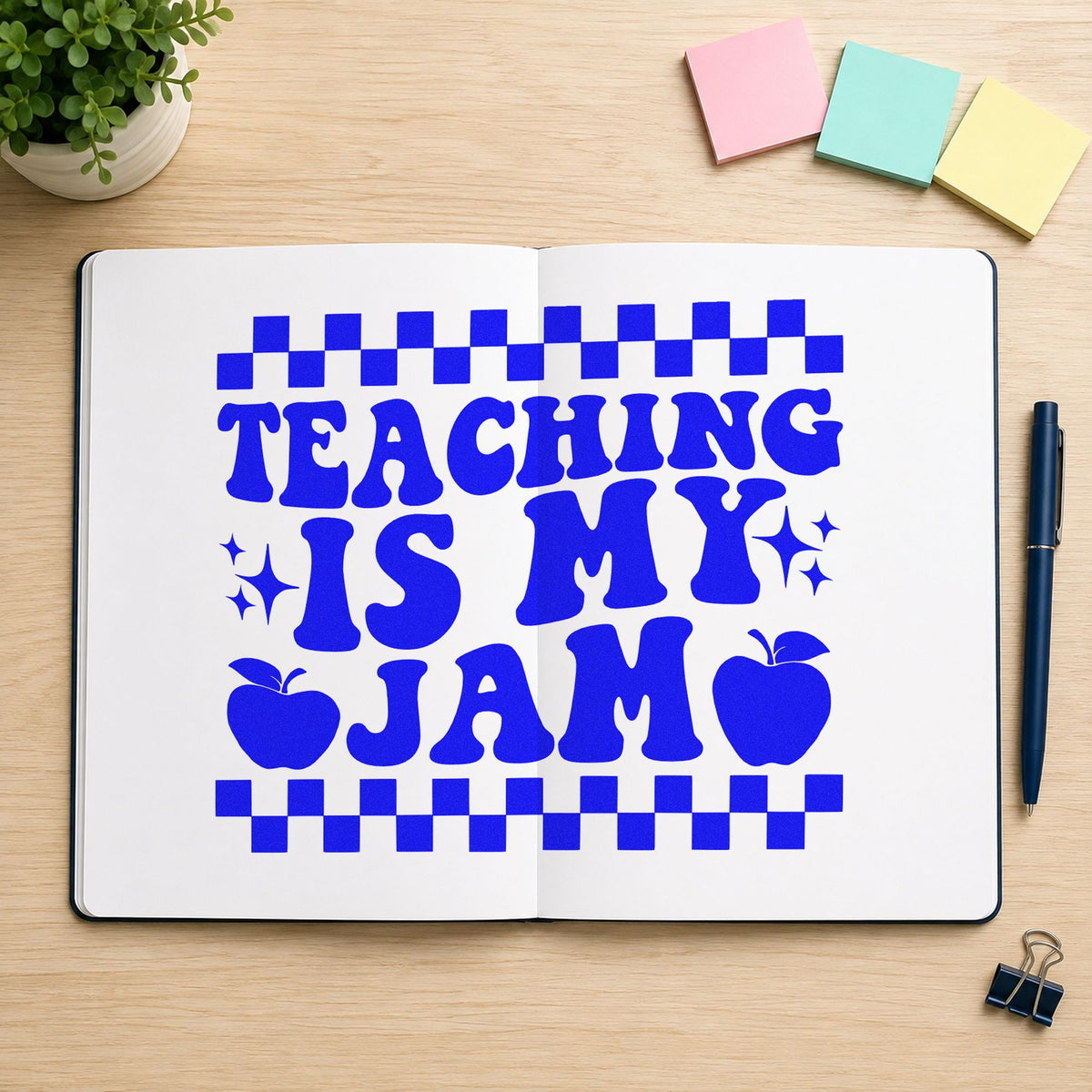 Teaching Is My Jam Checkerboard craft stamp imprinted in blue ink on paper, a design suited to paper straw seals.