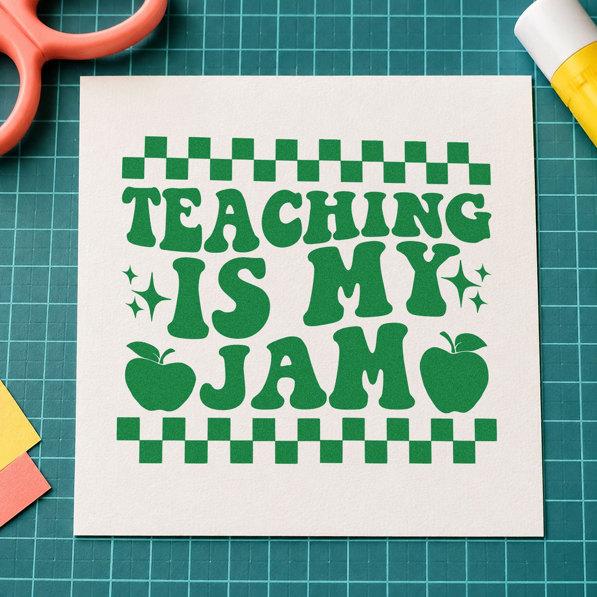 Teaching Is My Jam Checkerboard craft stamp imprint in green ink on a handmade project, one idea being framed counter edge.