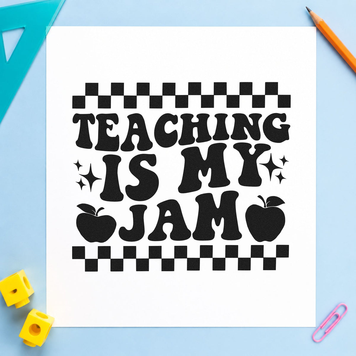 Teaching Is My Jam Checkerboard rubber stamp printed in black ink, ready for checkerboard jam cards and similar paper crafts.