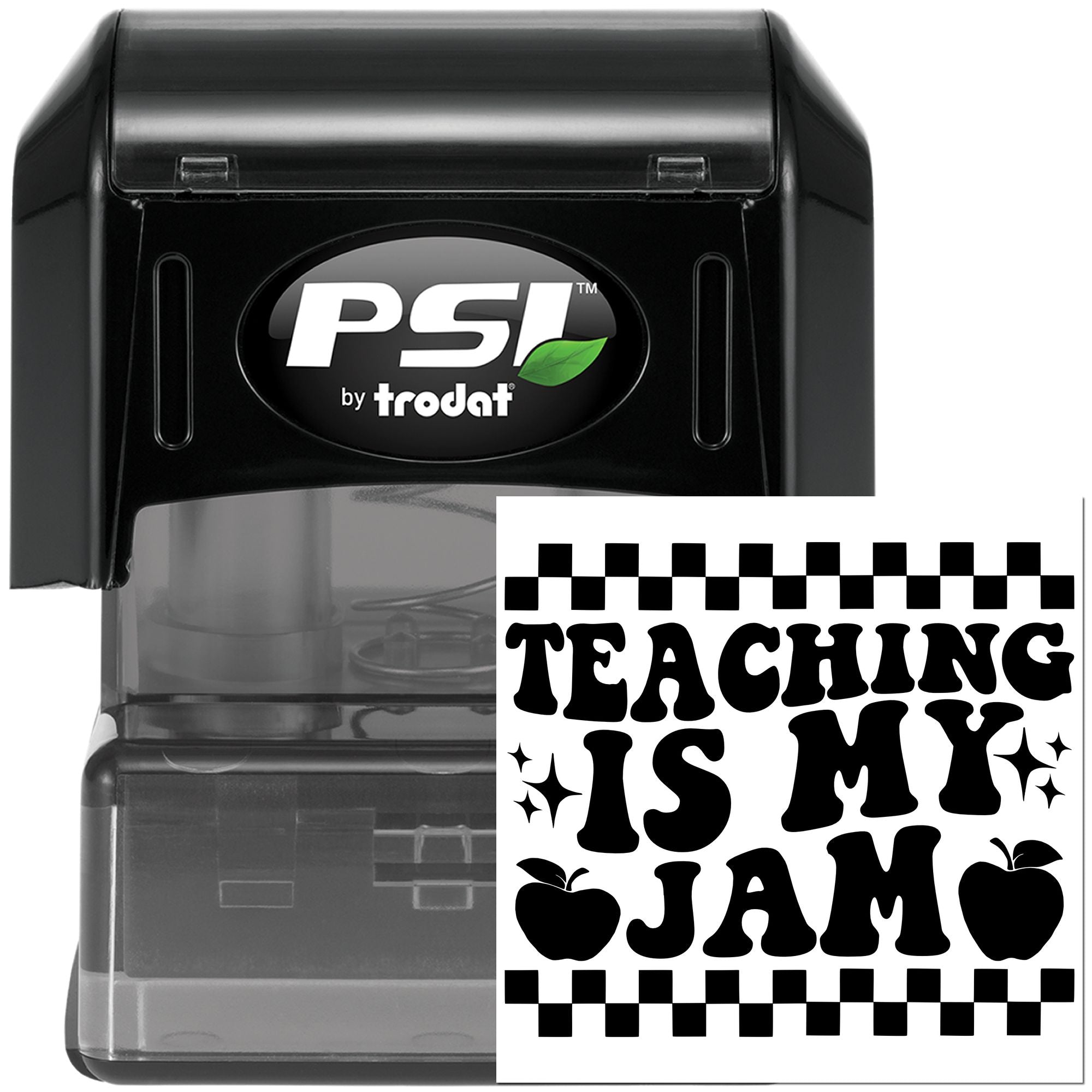 Teacher rubber stamp, PSI by Trodat self-inking stamp with Teaching Is My Jam design for classroom grading and rewards.