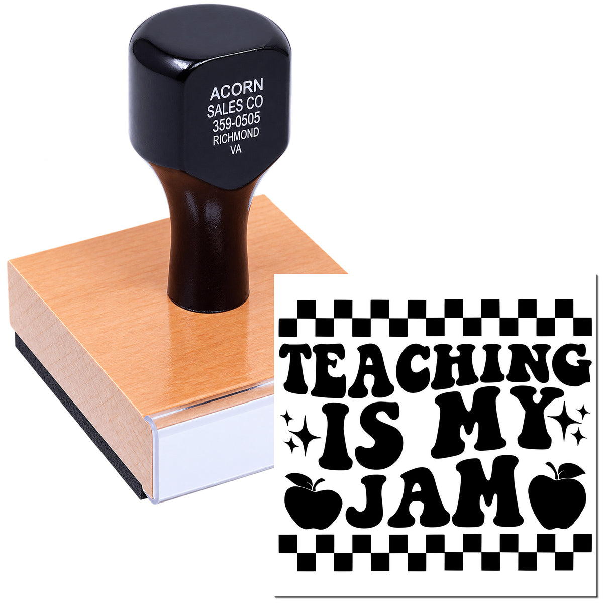 Custom rubber stamp with Teaching Is My Jam teacher design, ideal for classroom crafts, lesson rewards, and school stationery.