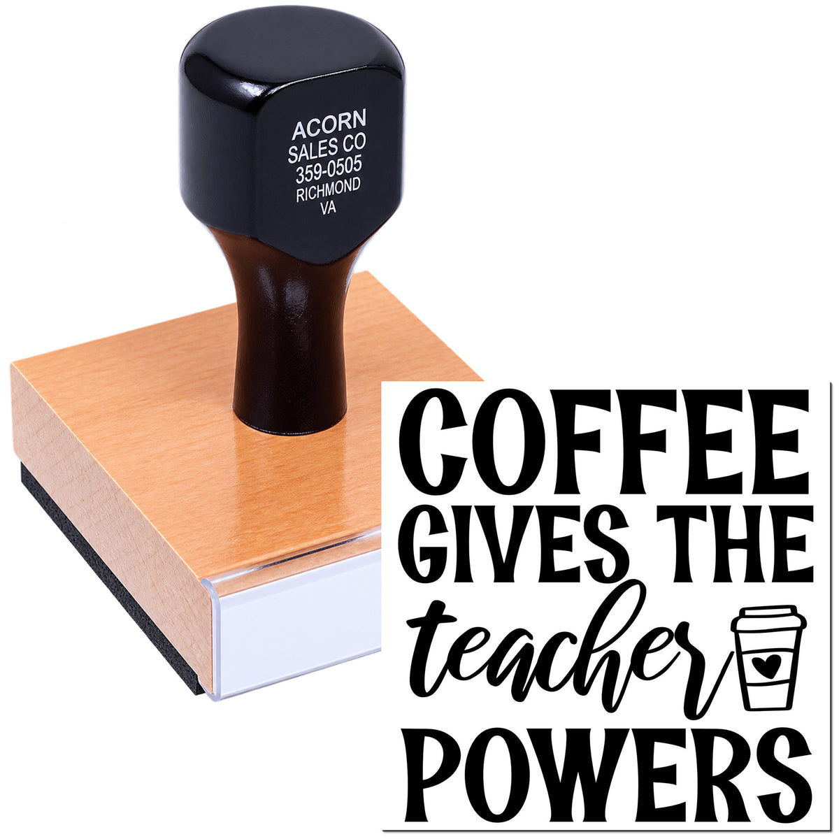 Coffee Gives the Teacher Powers rubber stamp for teacher gifts, classroom crafts, and educator appreciation.