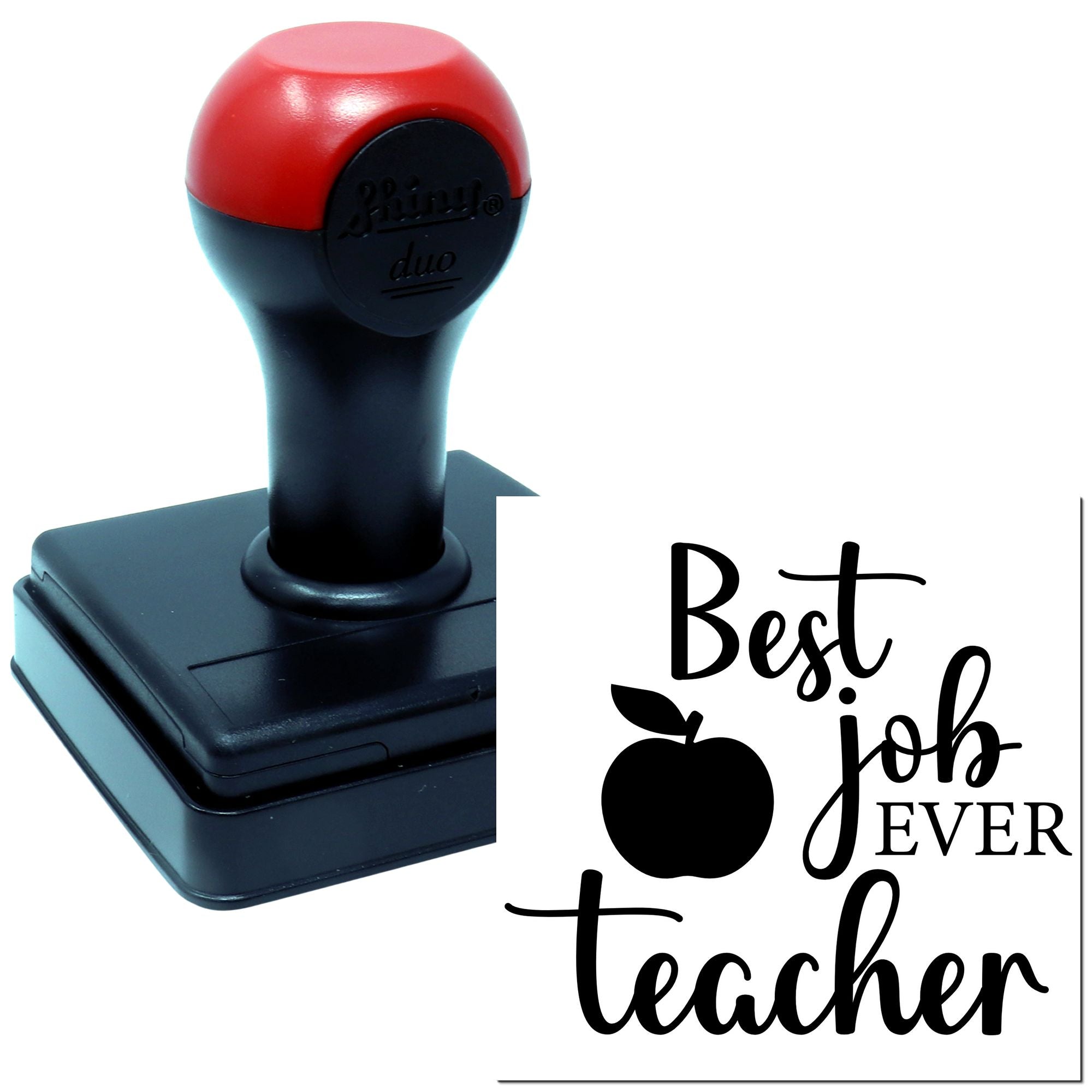 Teacher self-inking rubber stamp with Best Job Ever design and apple icon for classroom reward marking.