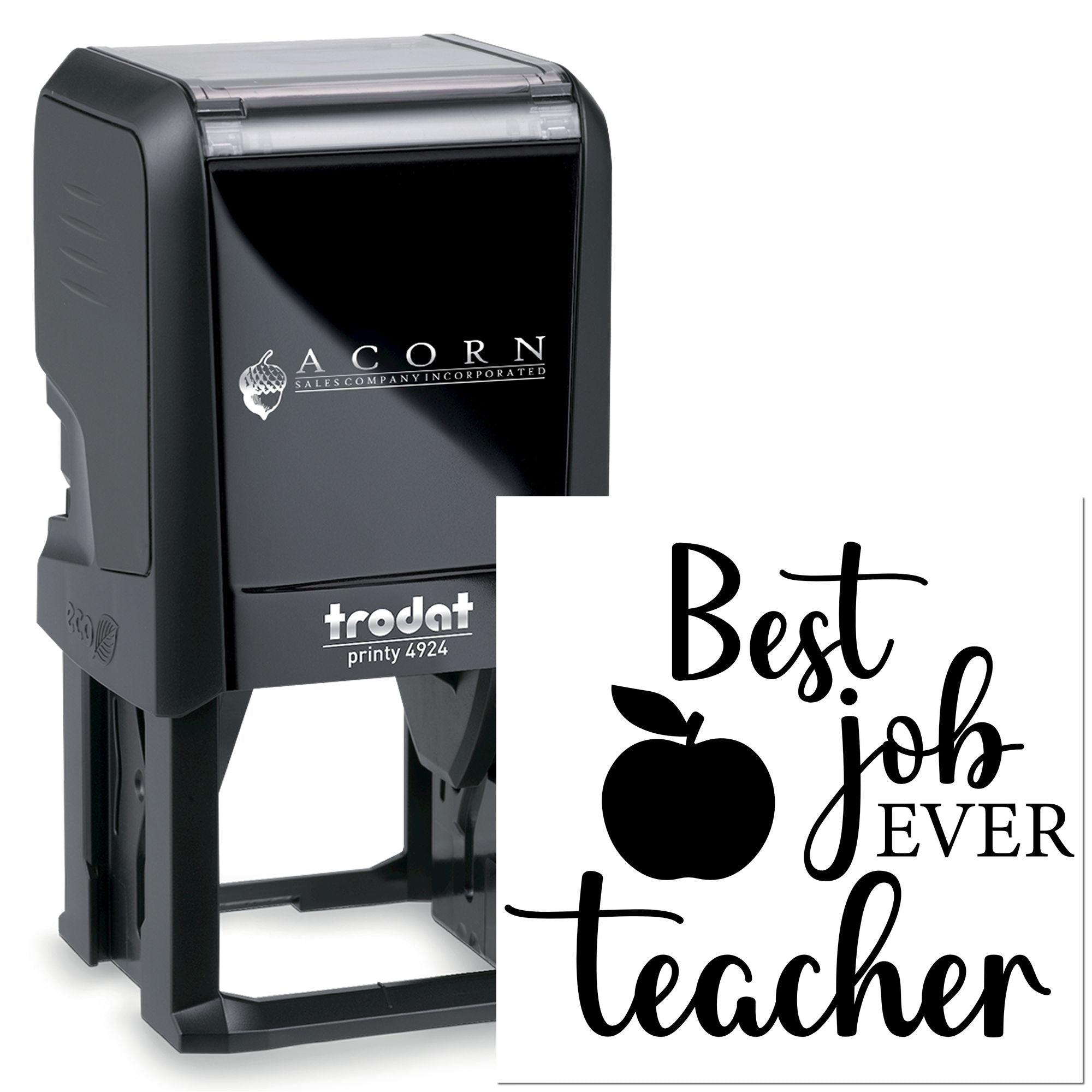 Self-inking rubber stamp with Best Teacher Ever design and apple icon, ideal for personalized classroom and school use.