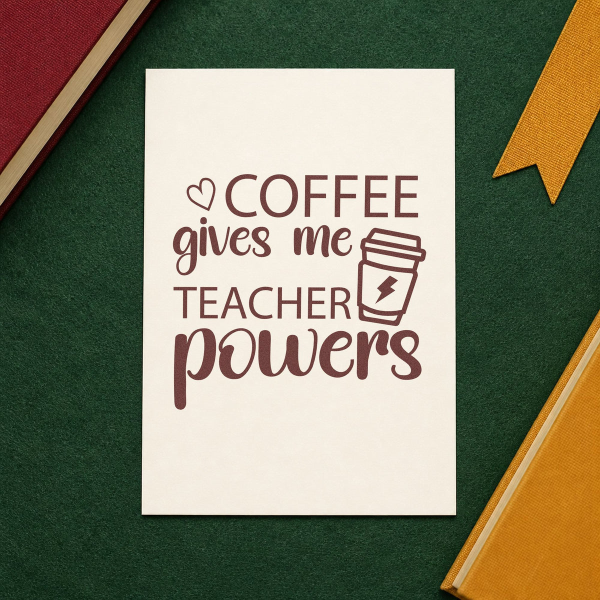 Coffee Gives Me Teacher Powers rubber stamp printed in brown ink, ready for battery bin labels and similar paper crafts.
