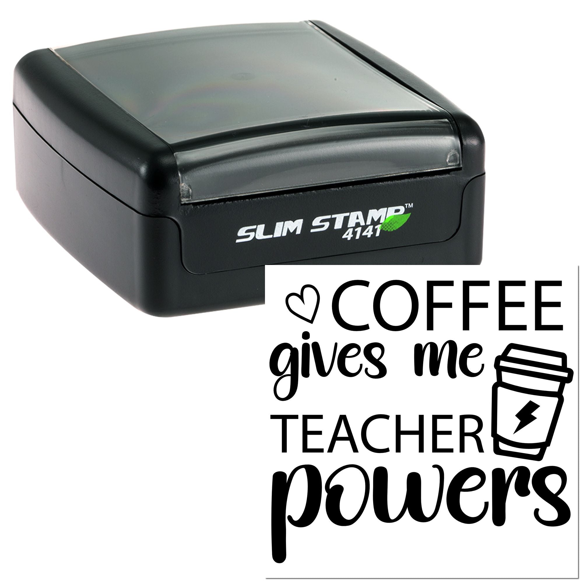Slim self-inking rubber stamp with Coffee gives me teacher powers design for fun teacher office and classroom stamping.