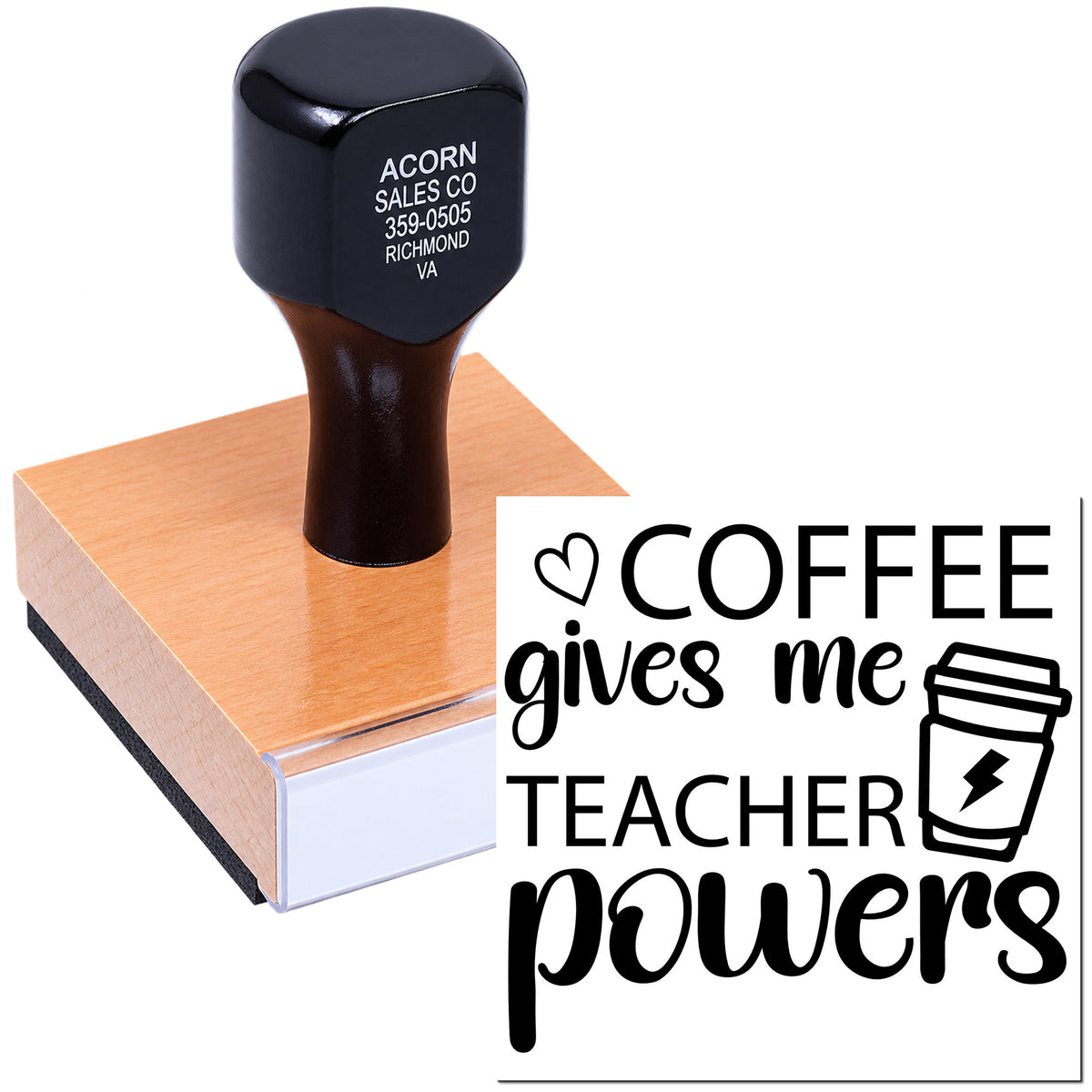 Custom coffee gives me teacher powers rubber stamp, perfect for classroom use and teacher appreciation gifts.