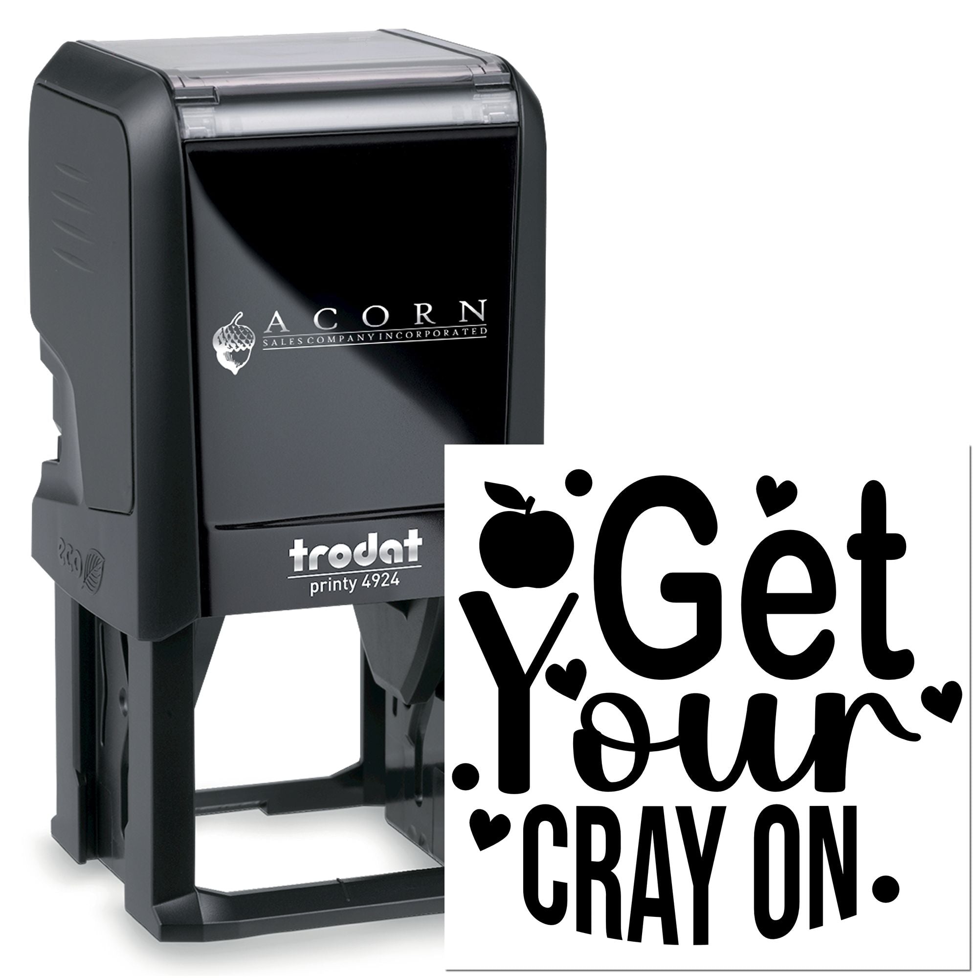 Custom self-inking rubber stamp with Get your cray on design for personalized teacher and craft stamping.