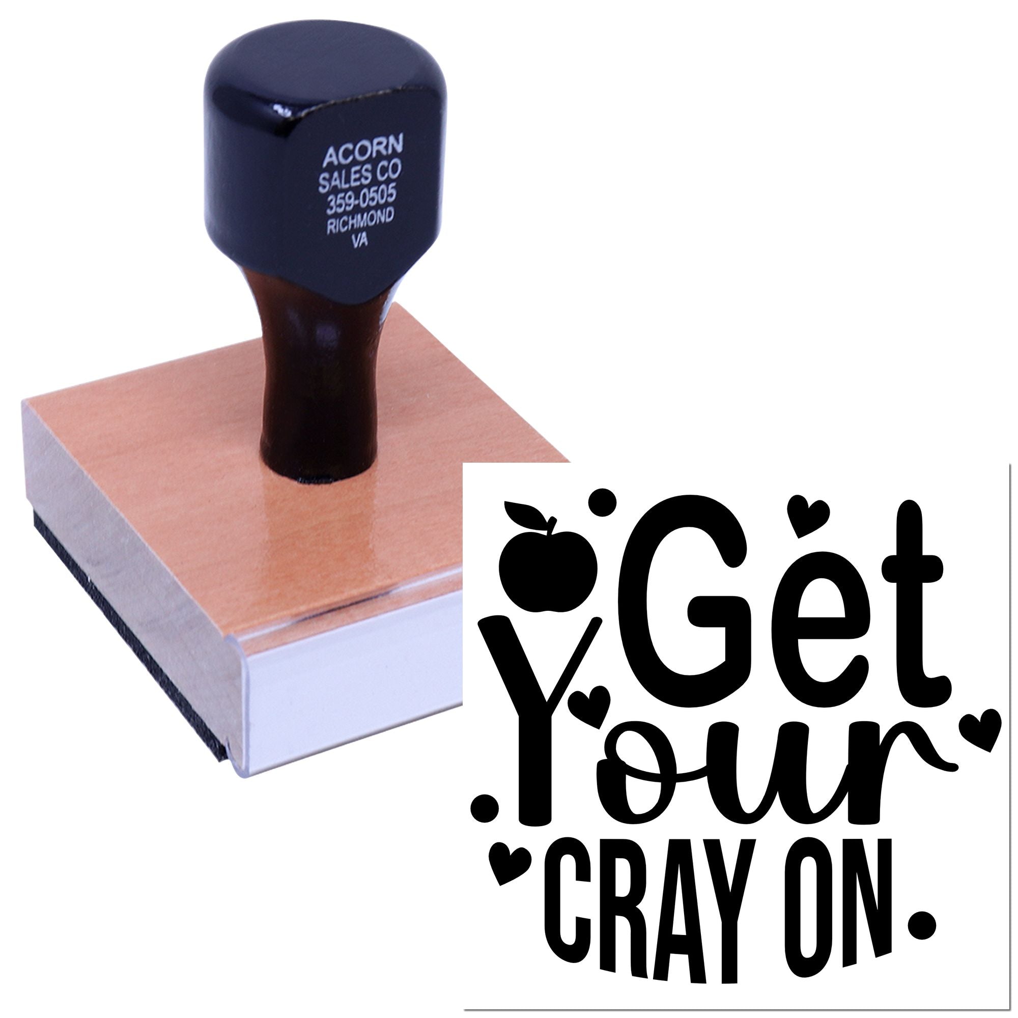 Custom rubber stamp with Get Your Cray On design for teacher crafts, classroom rewards, and student work.